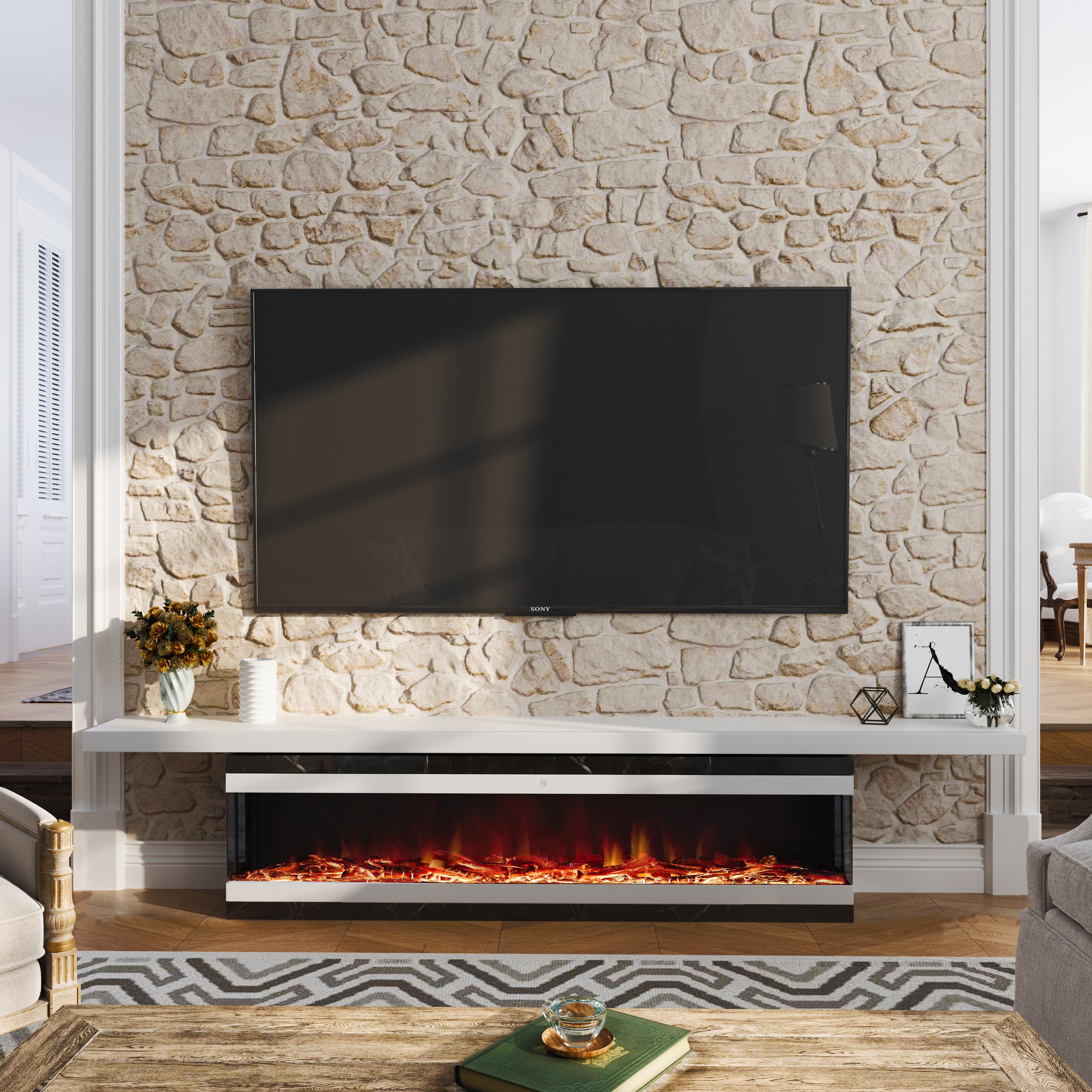 Smallbee 3-Sided Panoramic Media Wall Electric Fireplace, WiFi App Control