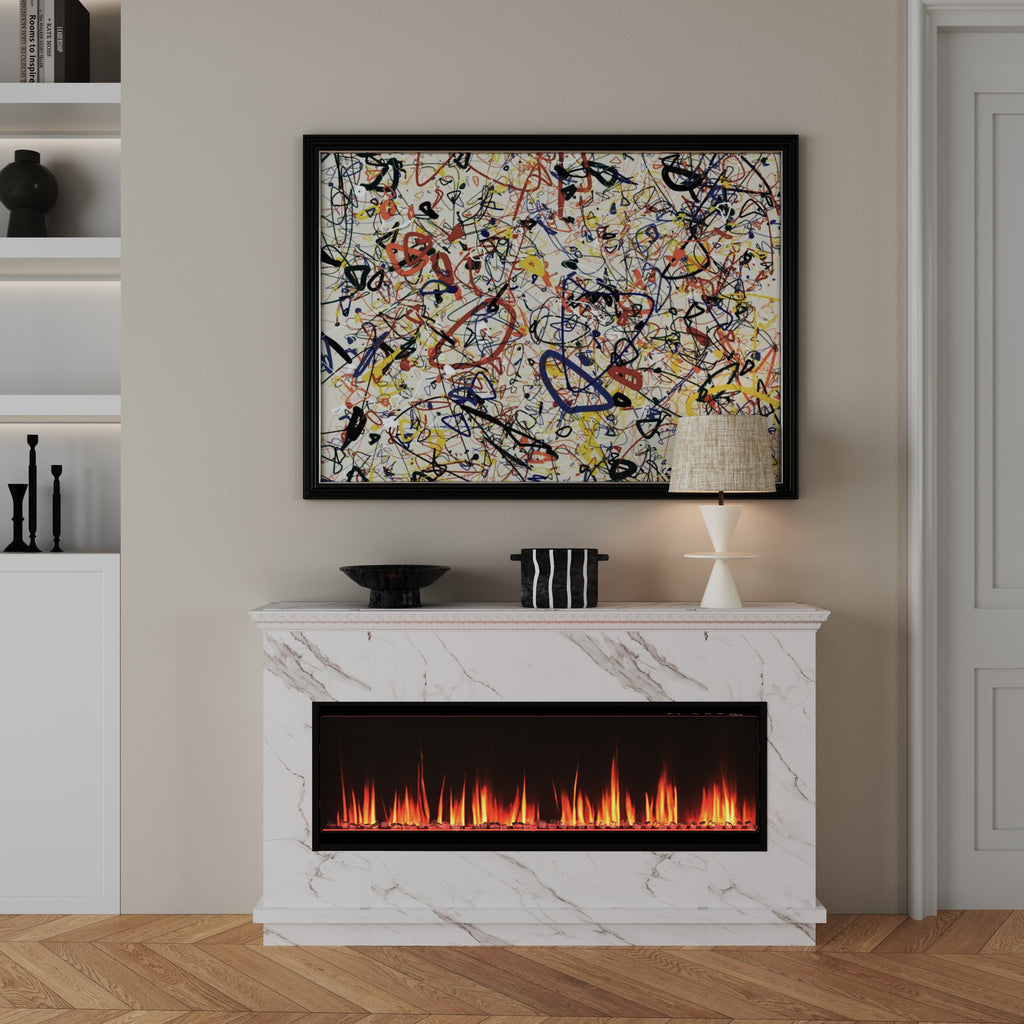 40/50/60inch Black Wall Mounted & Recessed Electric Fireplace with Adjustable Flame & Brightness