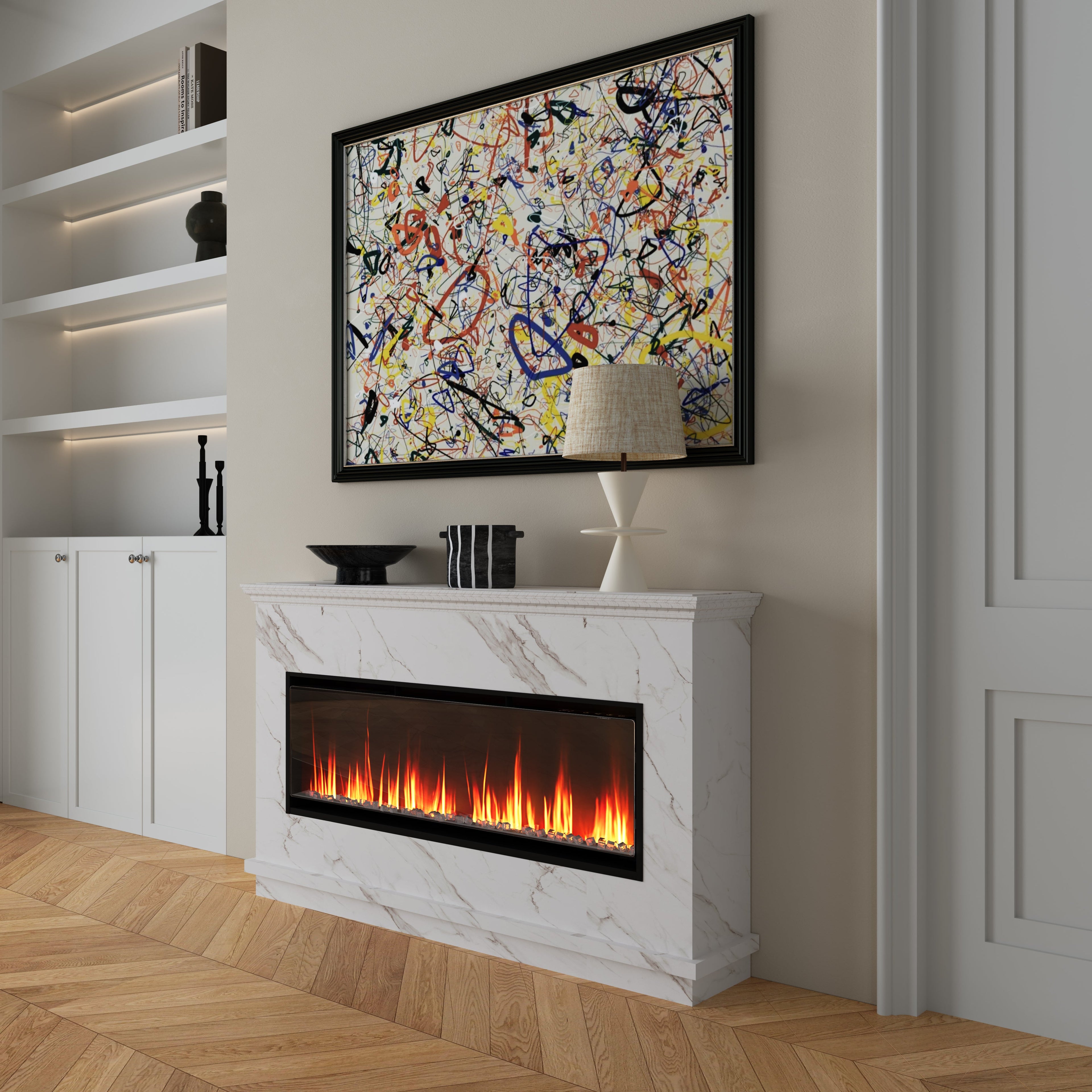 40/50/60inch Black Wall Mounted & Recessed Electric Fireplace with Adjustable Flame & Brightness