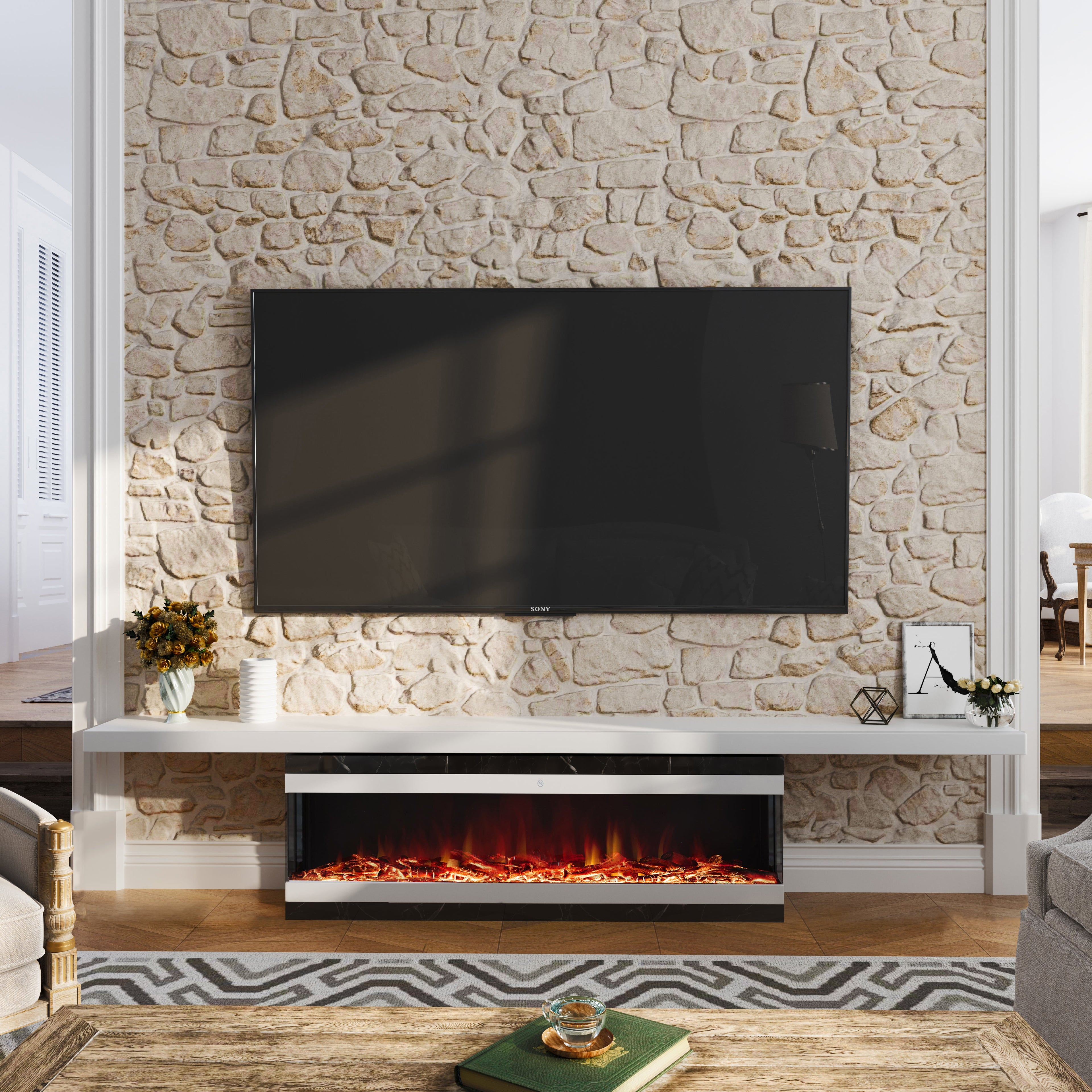 Smallbee 3-Sided Panoramic Media Wall Electric Fireplace, WiFi App Control