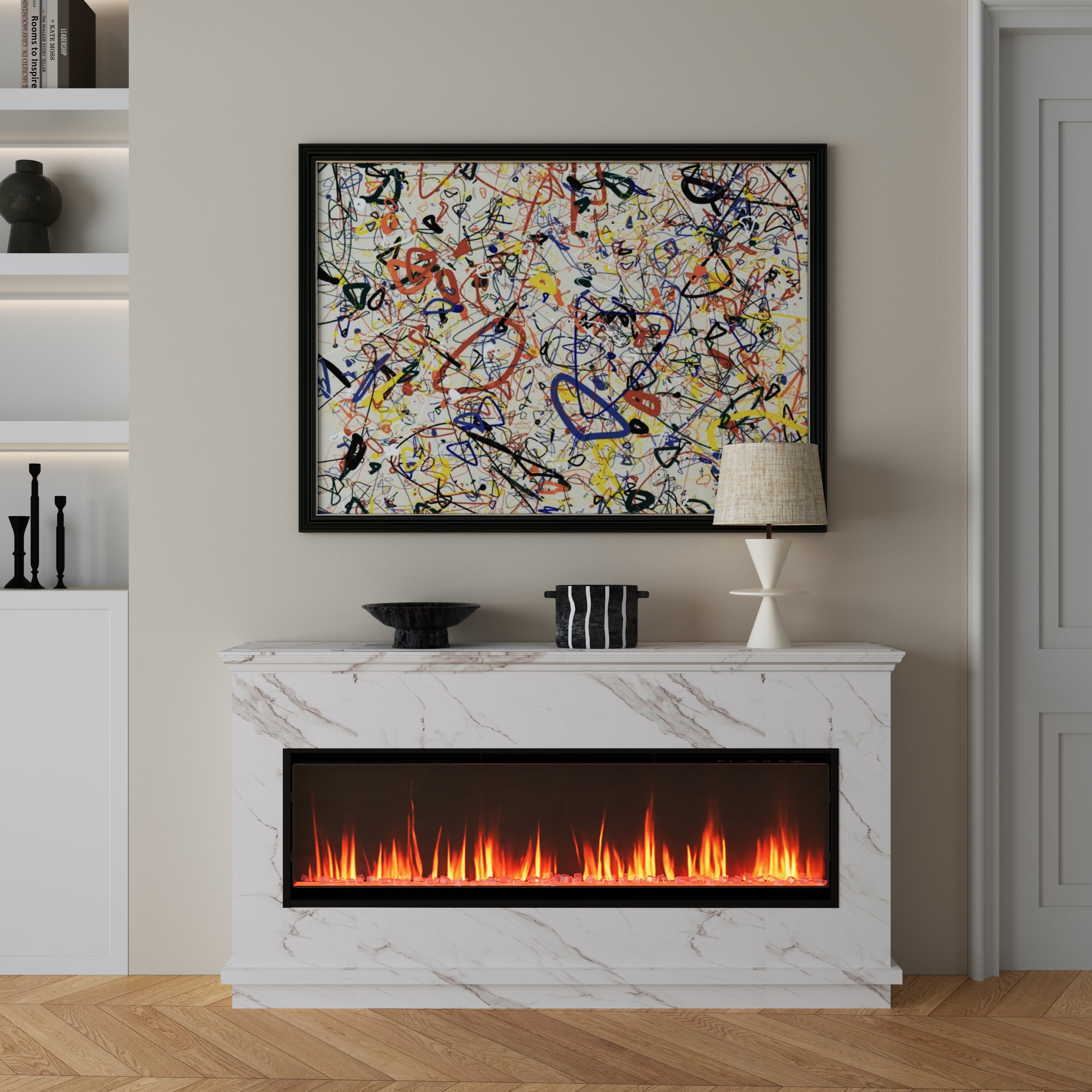 40/50/60inch Black Wall Mounted & Recessed Electric Fireplace with Adjustable Flame & Brightness