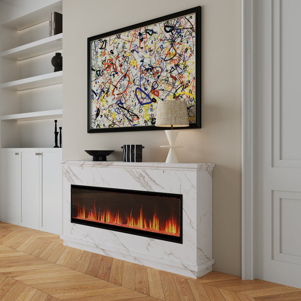 40/50/60inch Black Wall Mounted & Recessed Electric Fireplace with Adjustable Flame & Brightness