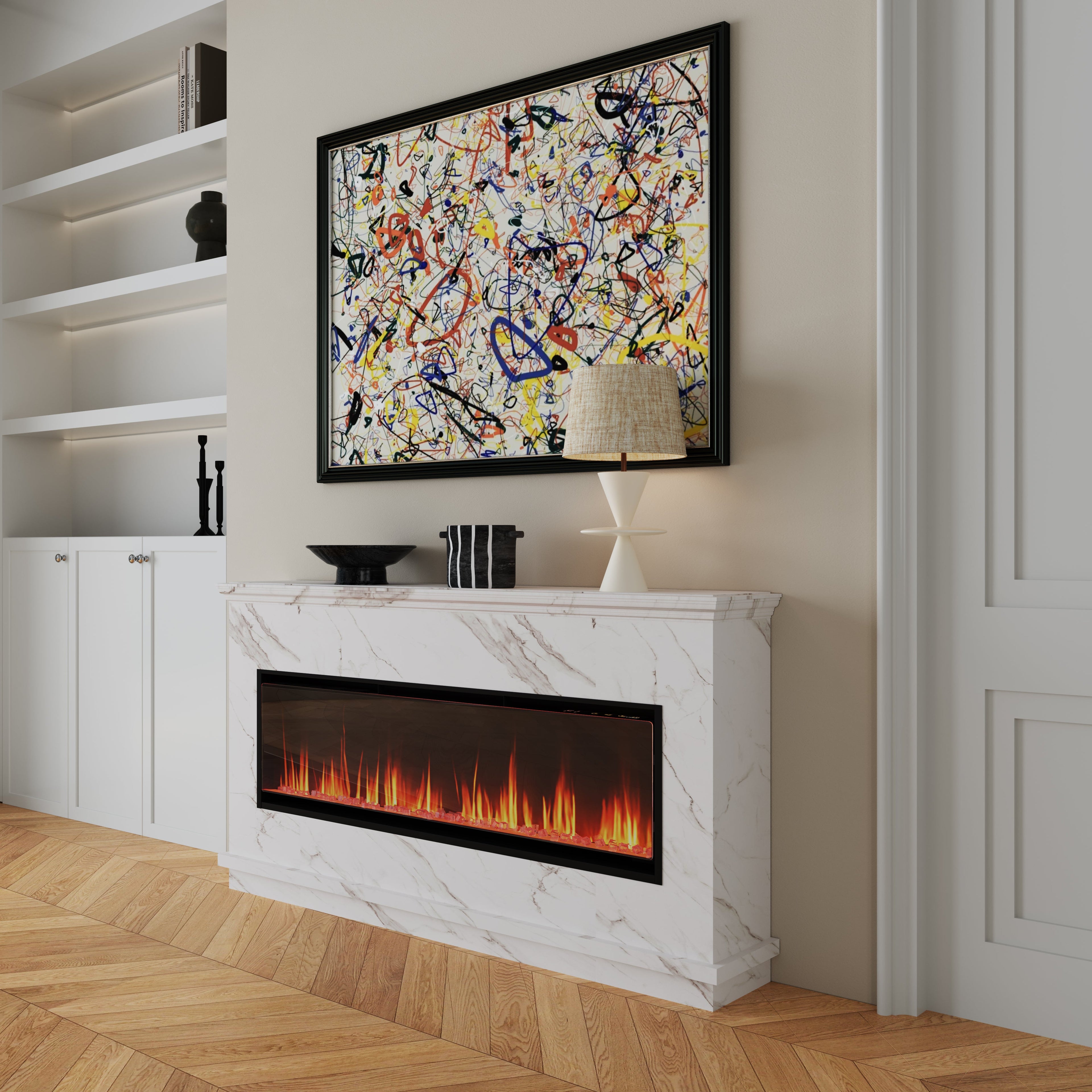 40/50/60inch Black Wall Mounted & Recessed Electric Fireplace with Adjustable Flame & Brightness