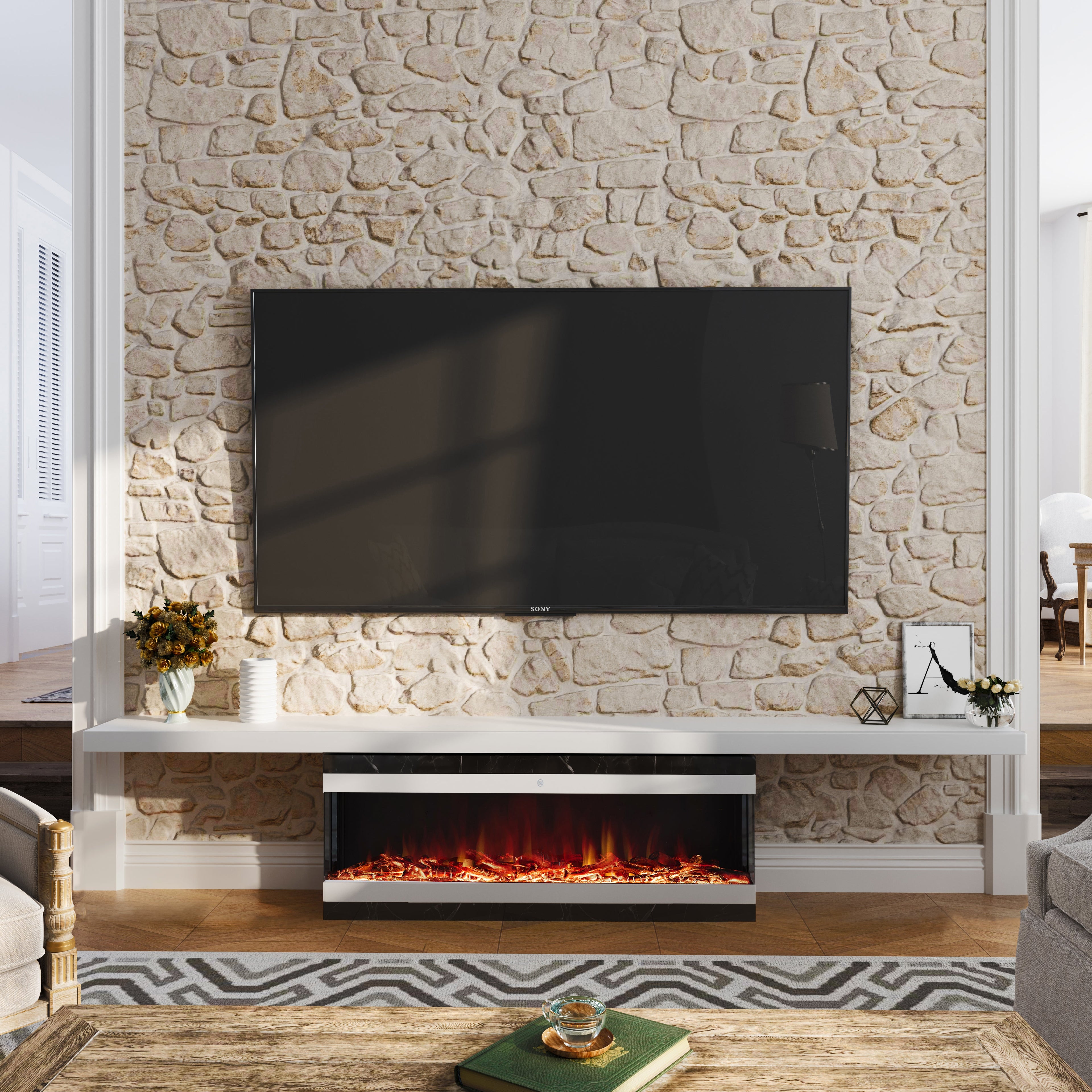 Smallbee 3-Sided Panoramic Media Wall Electric Fireplace, WiFi App Control