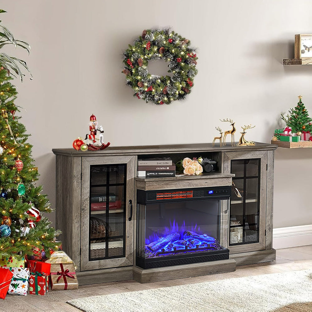 Panoramic Glass Fireplace TV Stand with Storage Cabinets, Customizable Flames & Remote Control