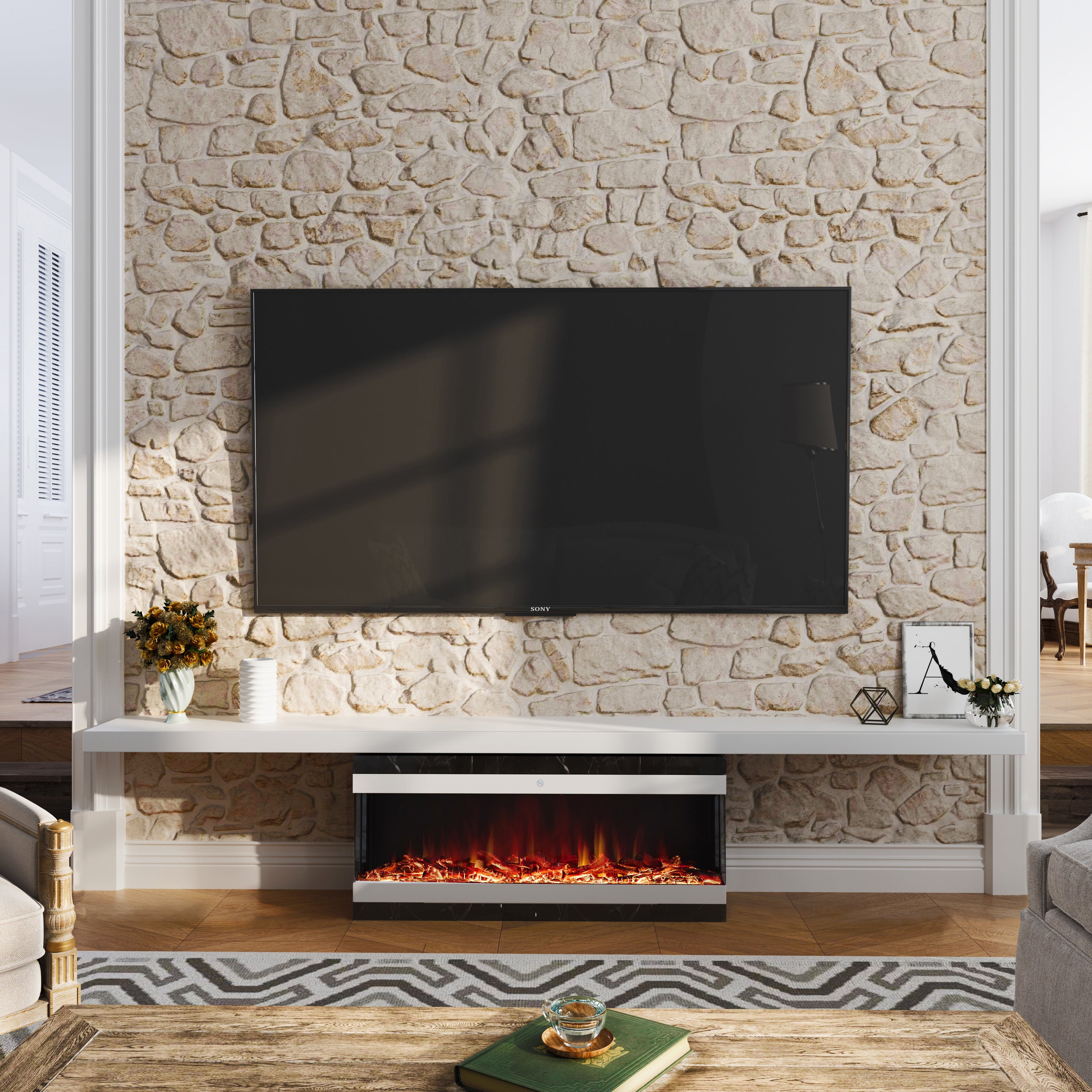 Smallbee 3-Sided Panoramic Media Wall Electric Fireplace, WiFi App Control