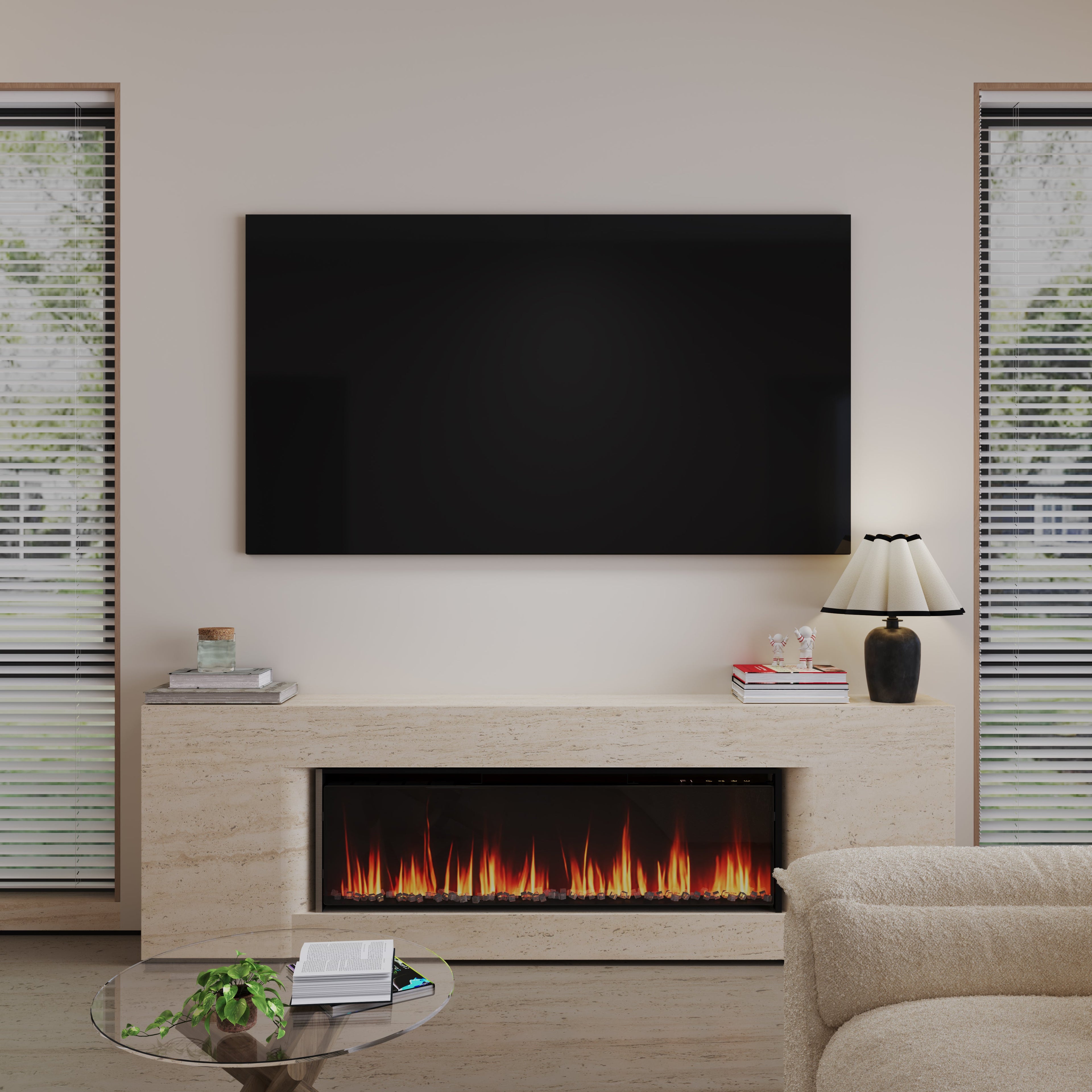 40/50/60inch Black Wall Mounted & Recessed Electric Fireplace with Adjustable Flame & Brightness