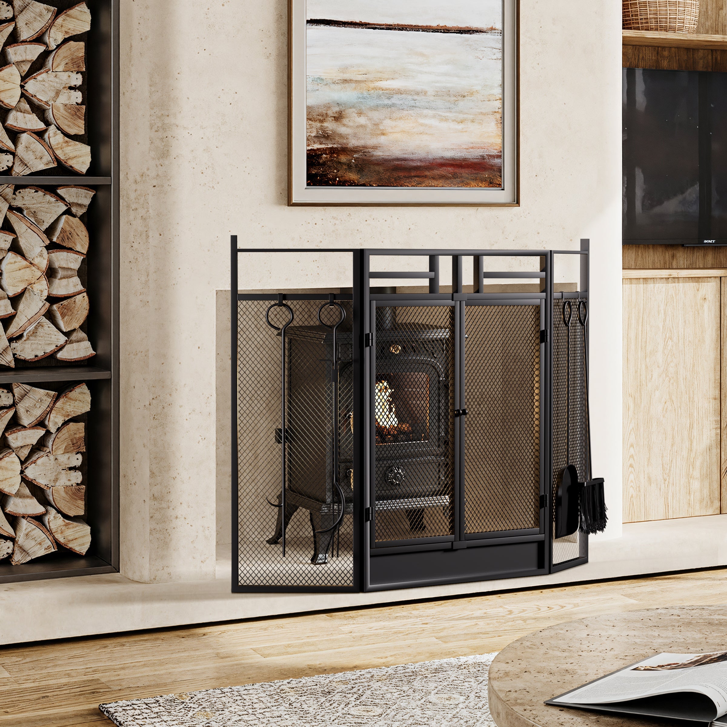 Iron Fireplace Screen with 4-Piece Tool Set Black Powder Coated – 122x1.3x80cm