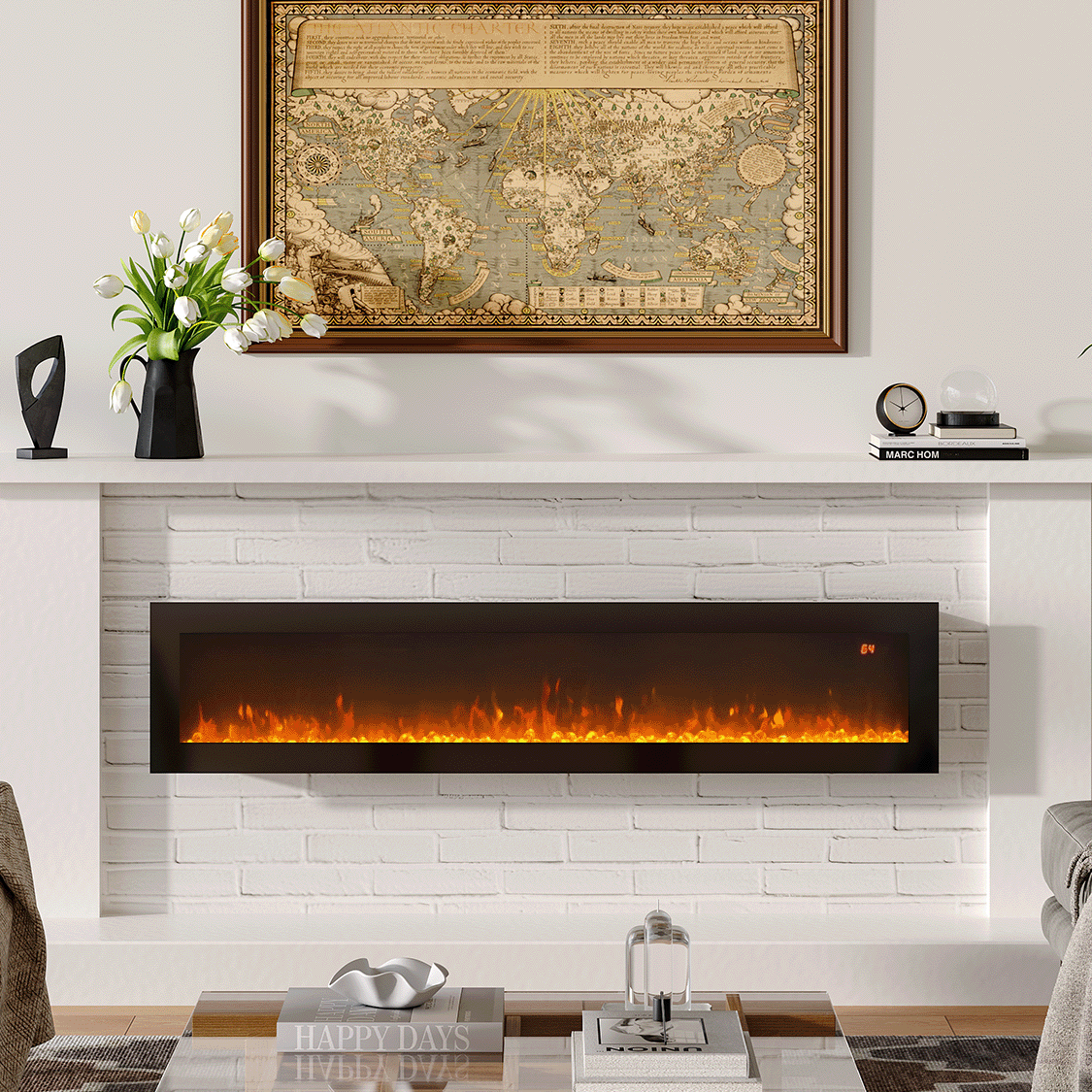 Wall-mounted electric fireplace with vibrant orange flames, set against a white brick wall, adorned with a classic world map, modern decor, and a sleek coffee table in a contemporary living room.