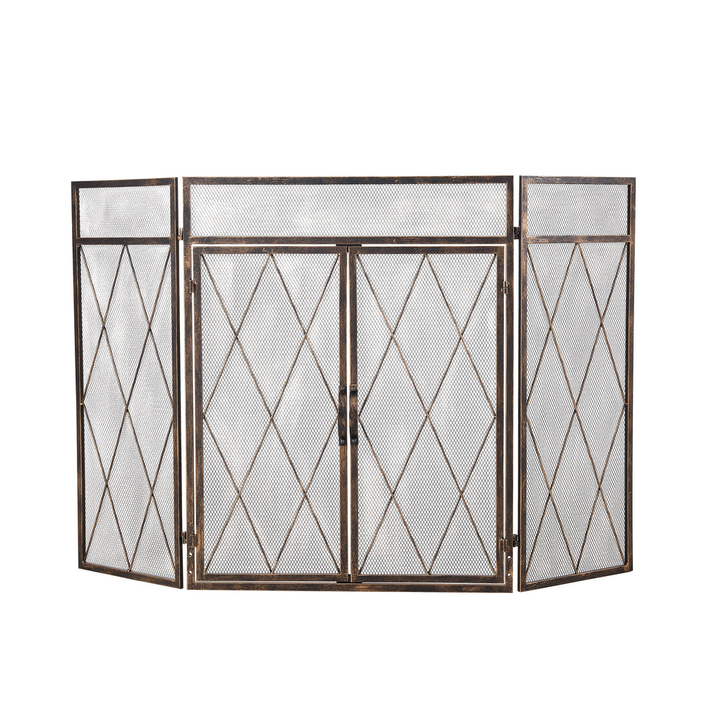Triple-Fold Iron Fireplace Screen Antique Copper Powder Coated – 127x13x81cm