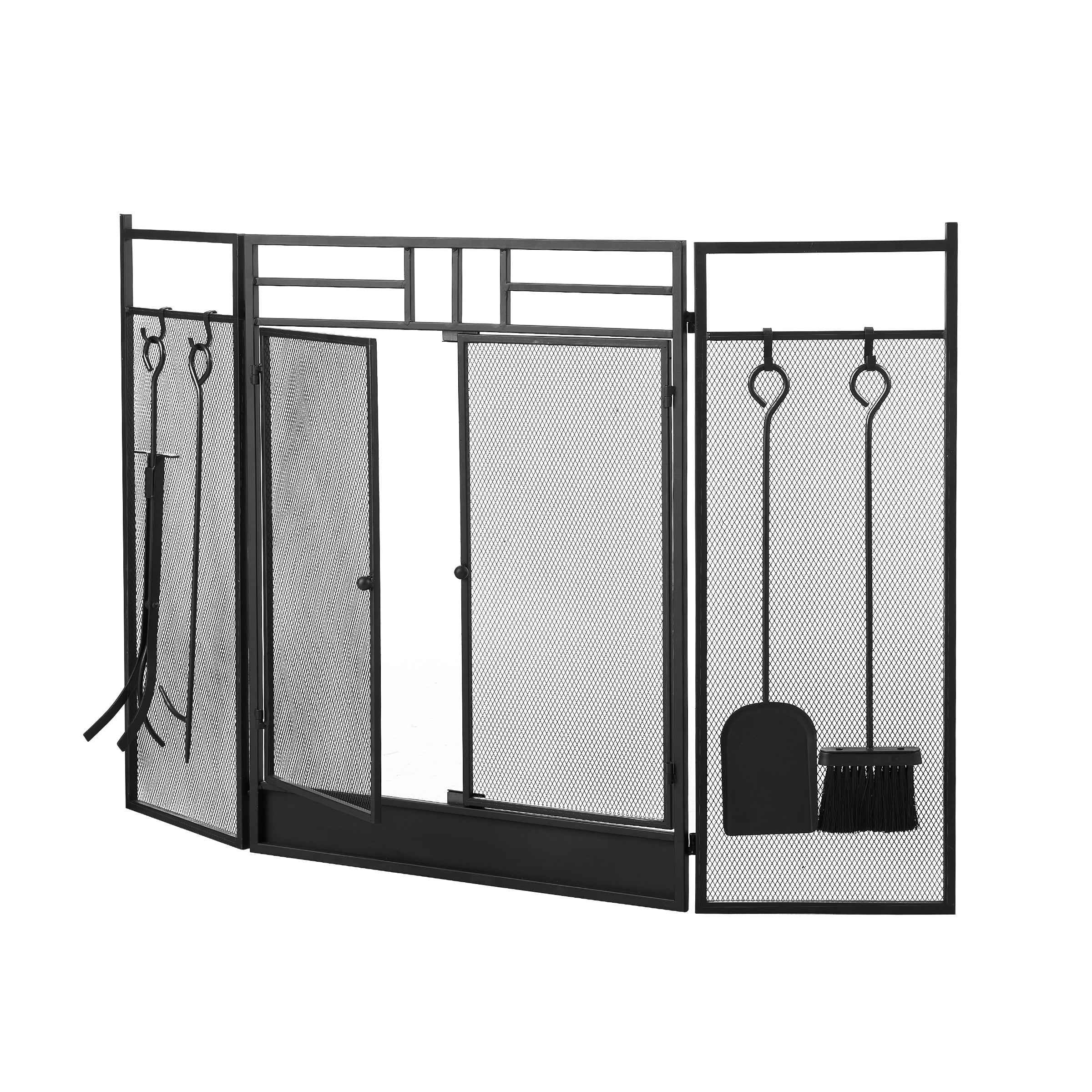 Iron Fireplace Screen with 4-Piece Tool Set Black Powder Coated – 122x1.3x80cm
