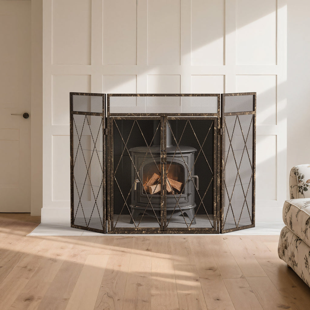 Triple-Fold Iron Fireplace Screen Antique Copper Powder Coated – 127x13x81cm