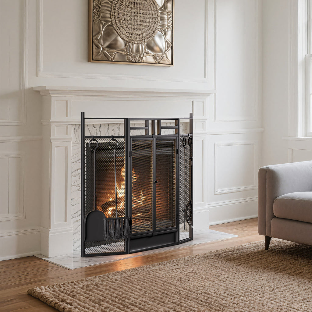 Iron Fireplace Screen with 4-Piece Tool Set Black Powder Coated – 122x1.3x80cm