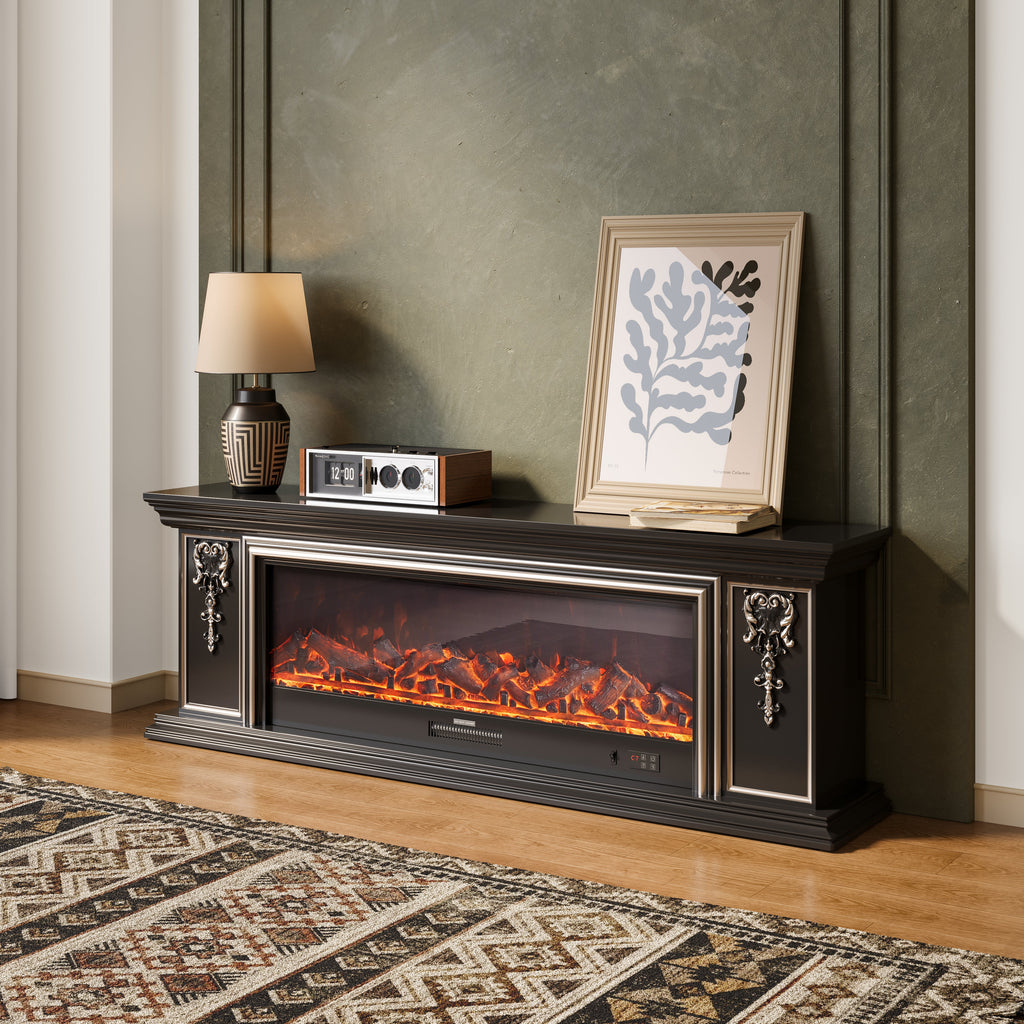 Black Gold Trim TV Cabinet Electric Fireplace with WiFi, APP & Flame Sound