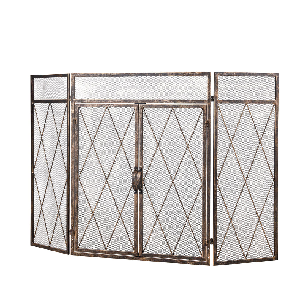 Triple-Fold Iron Fireplace Screen Antique Copper Powder Coated – 127x13x81cm