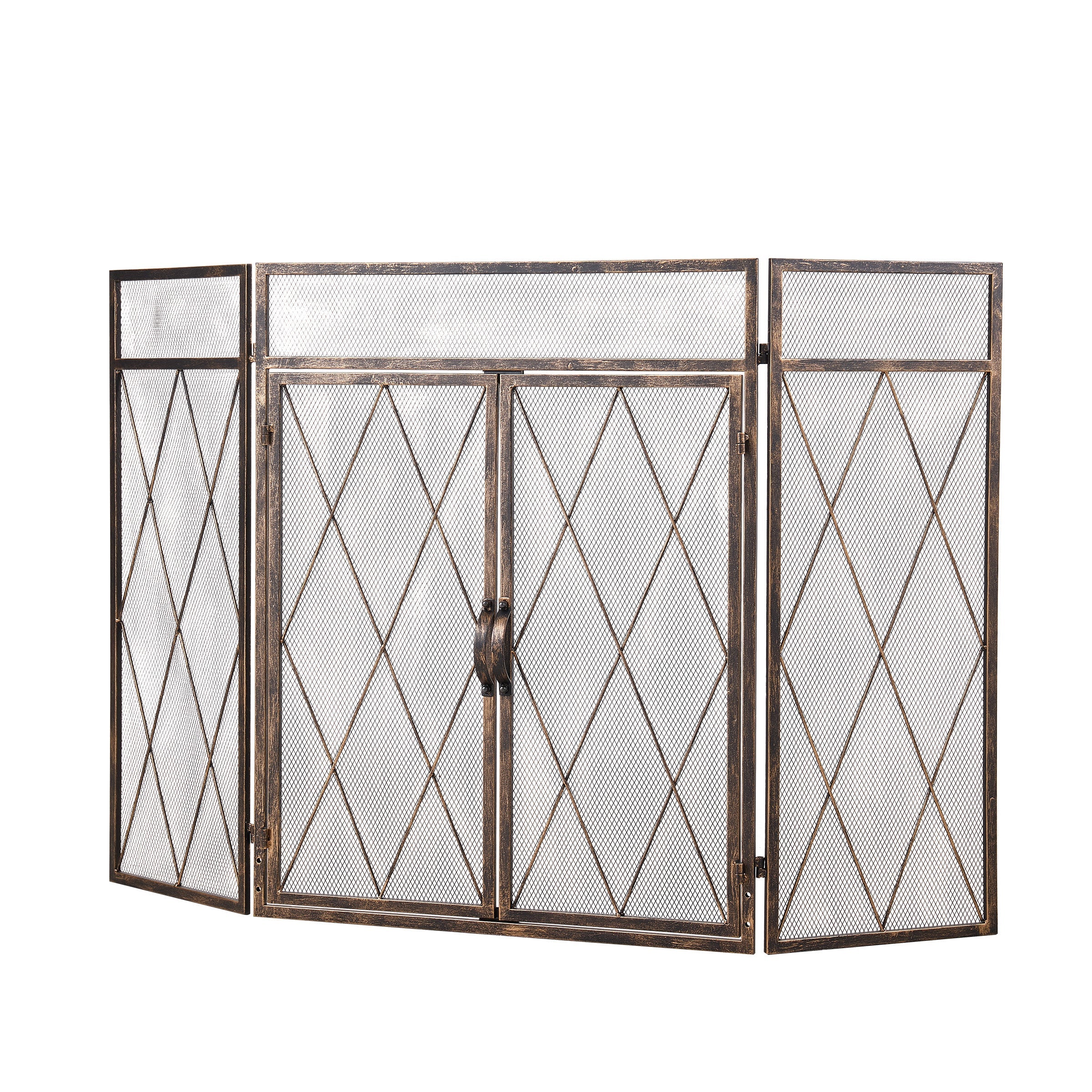 Triple-Fold Iron Fireplace Screen Antique Copper Powder Coated – 127x13x81cm