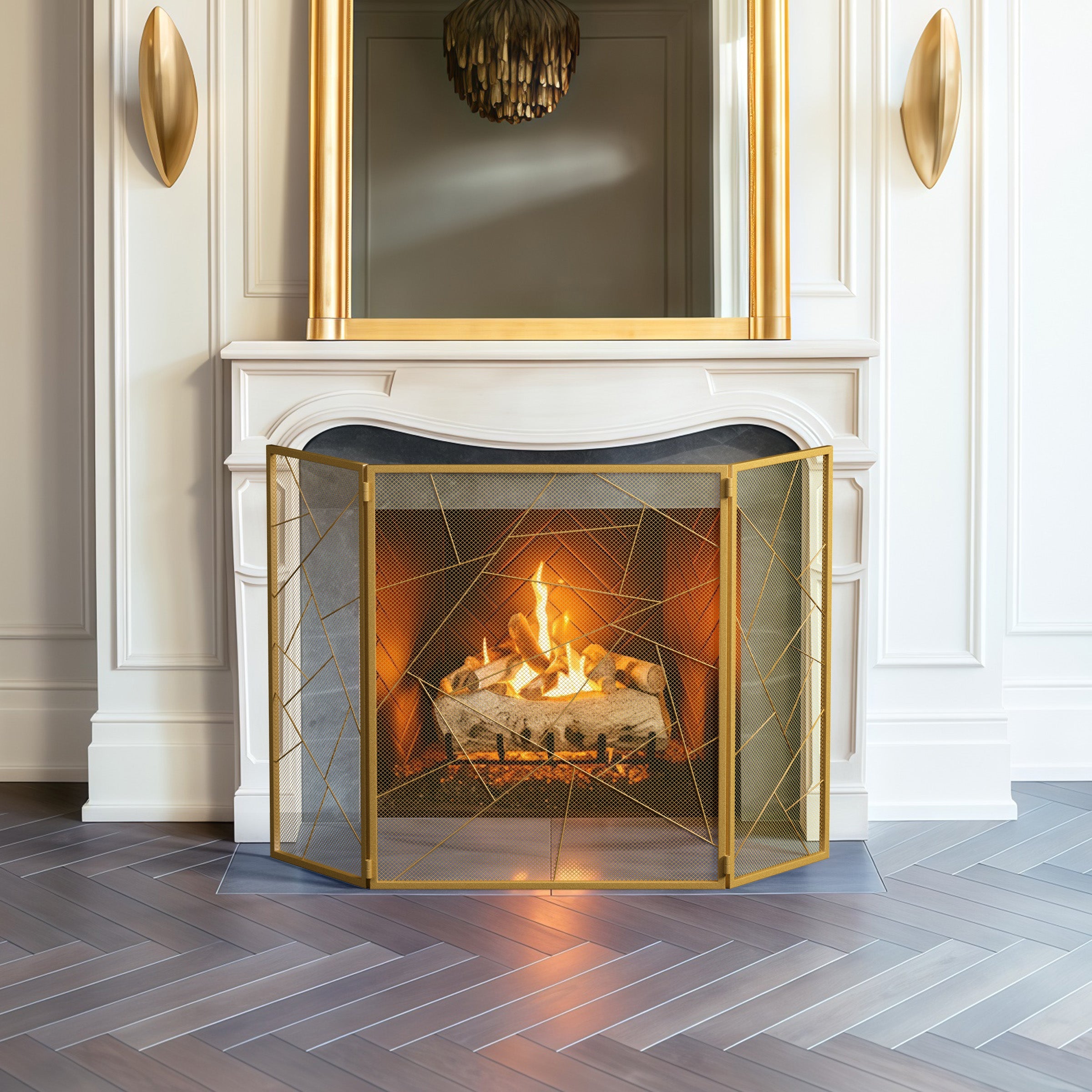 Triple-Fold Iron Fireplace Screen Gold Frame – 132x1x80cm