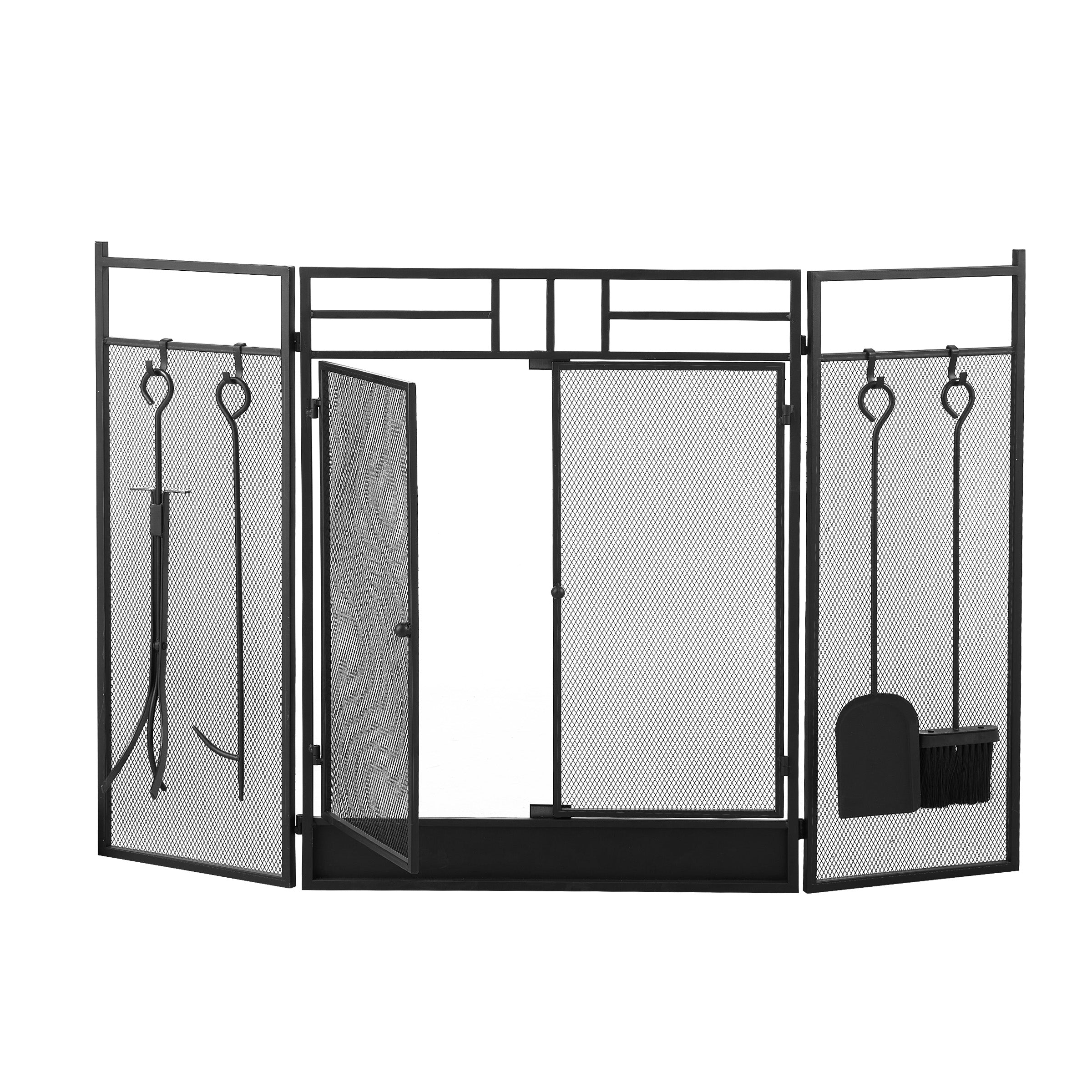 Iron Fireplace Screen with 4-Piece Tool Set Black Powder Coated – 122x1.3x80cm