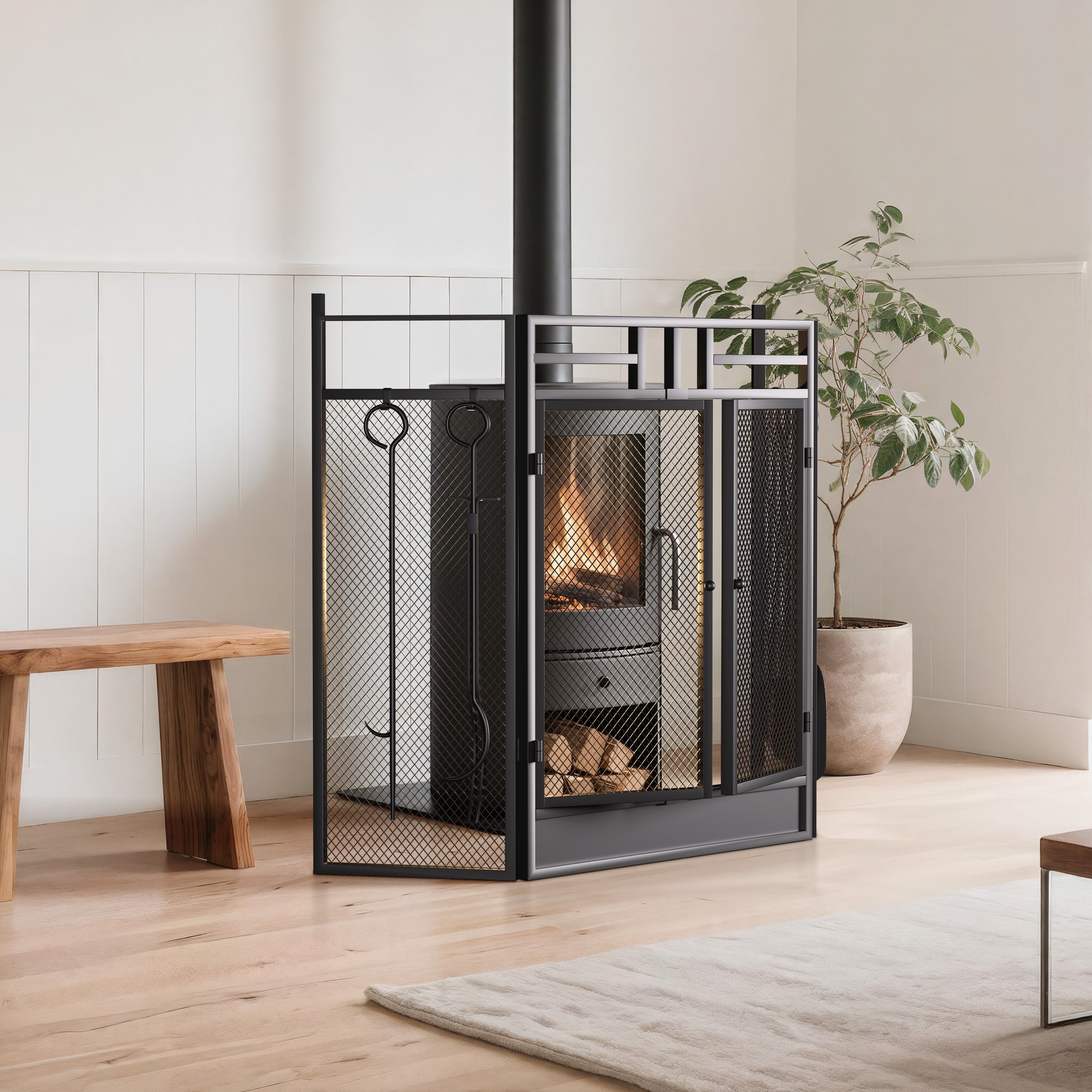 Iron Fireplace Screen with 4-Piece Tool Set Black Powder Coated – 122x1.3x80cm