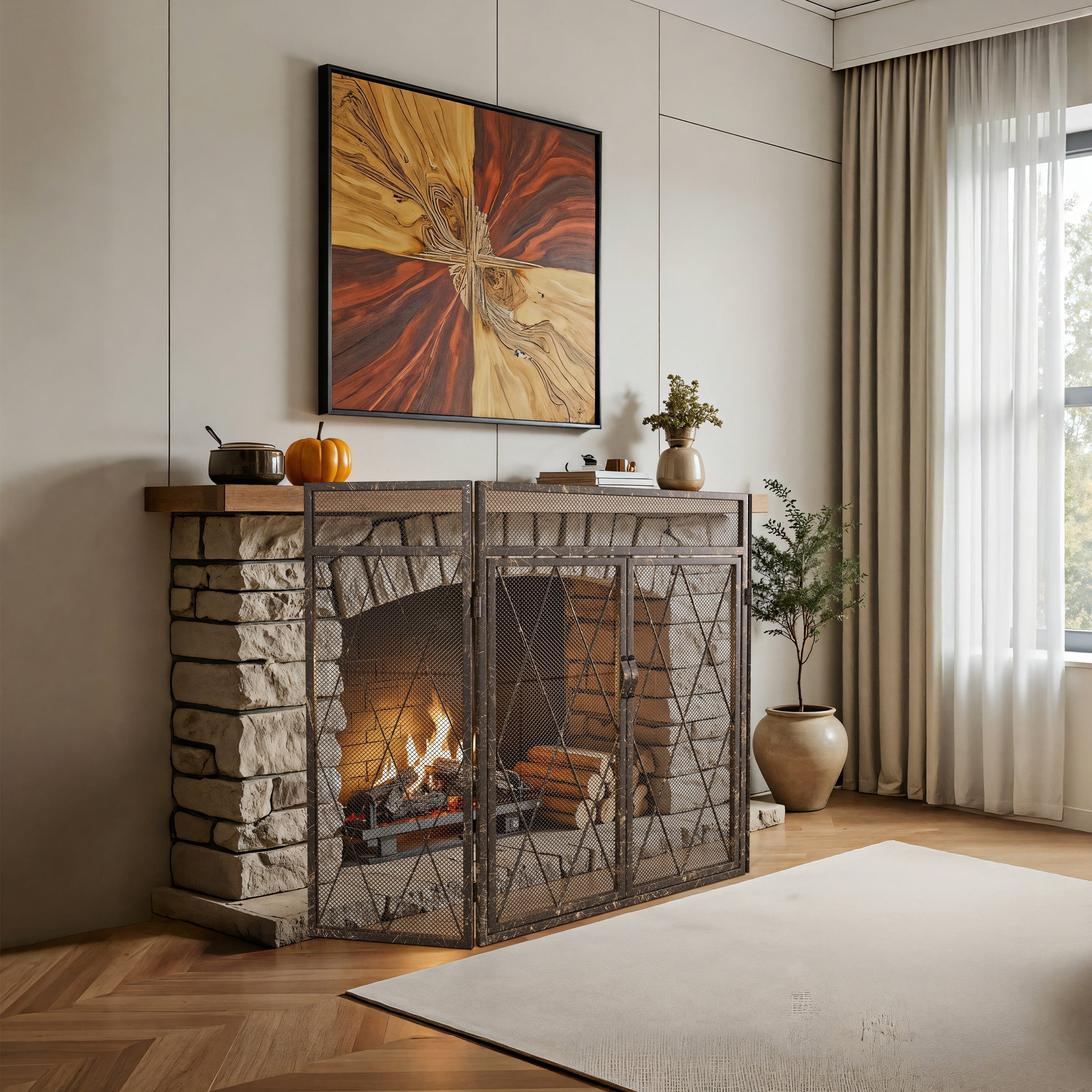 Triple-Fold Iron Fireplace Screen Antique Copper Powder Coated – 127x13x81cm