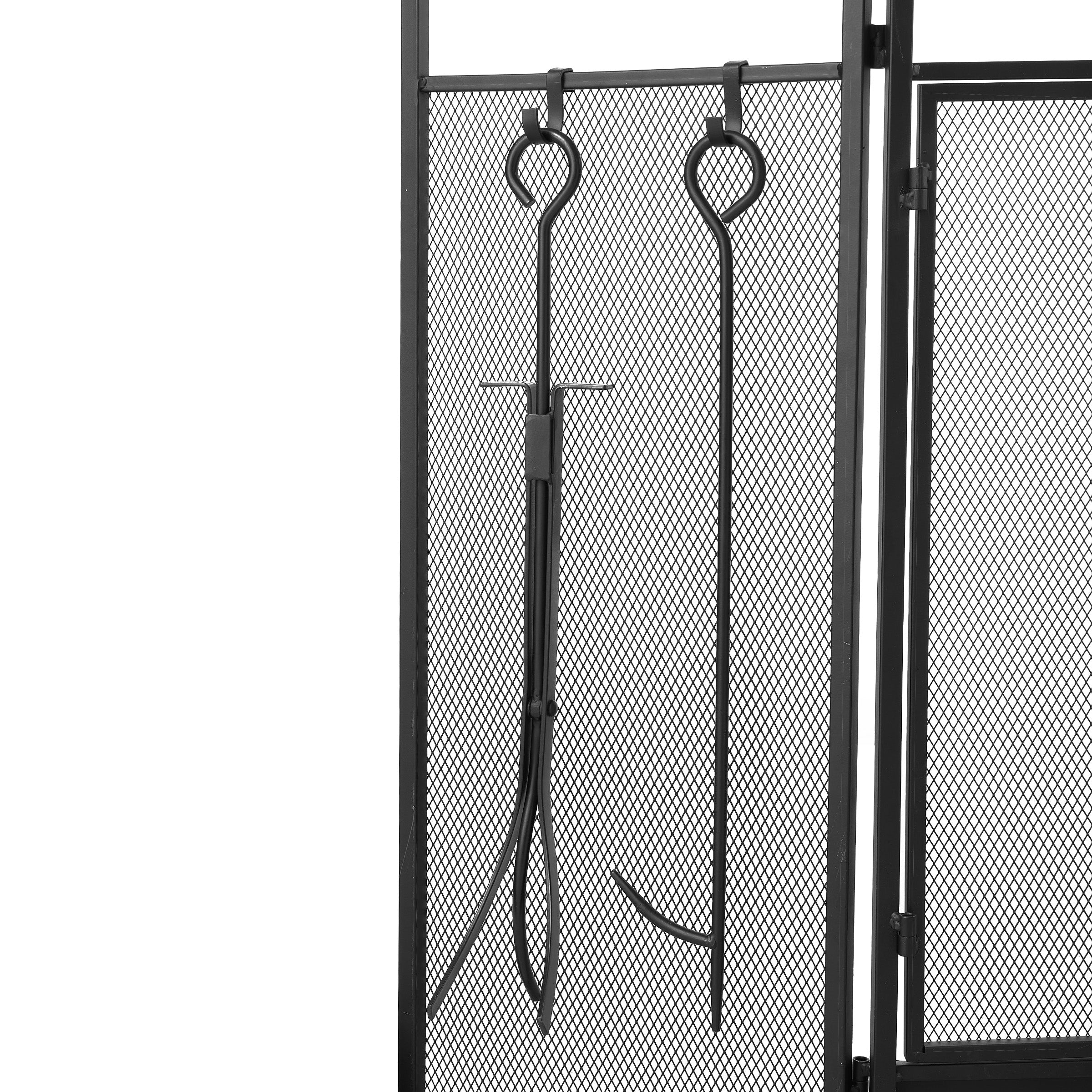 Iron Fireplace Screen with 4-Piece Tool Set Black Powder Coated – 122x1.3x80cm