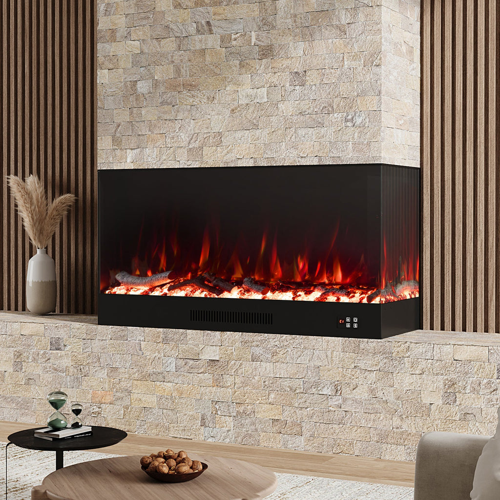 46/60inch L-Shaped Electric Fireplace – WiFi Control, LED Display, Resin Logs & Crystal Stones with Heating