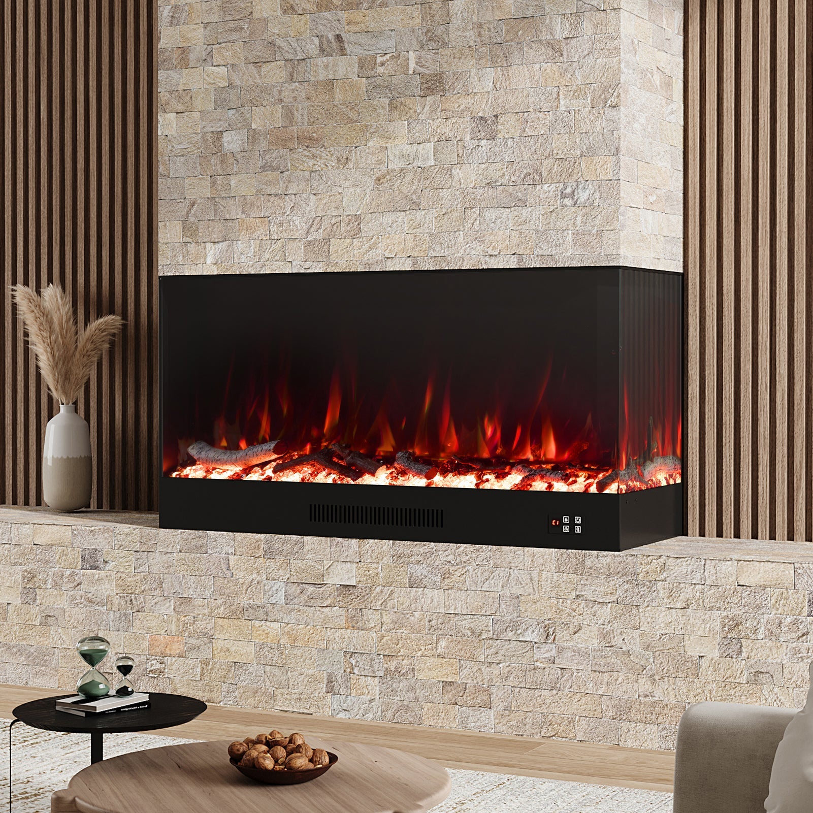 46/60inch L-Shaped Electric Fireplace – WiFi Control, LED Display, Resin Logs & Crystal Stones with Heating