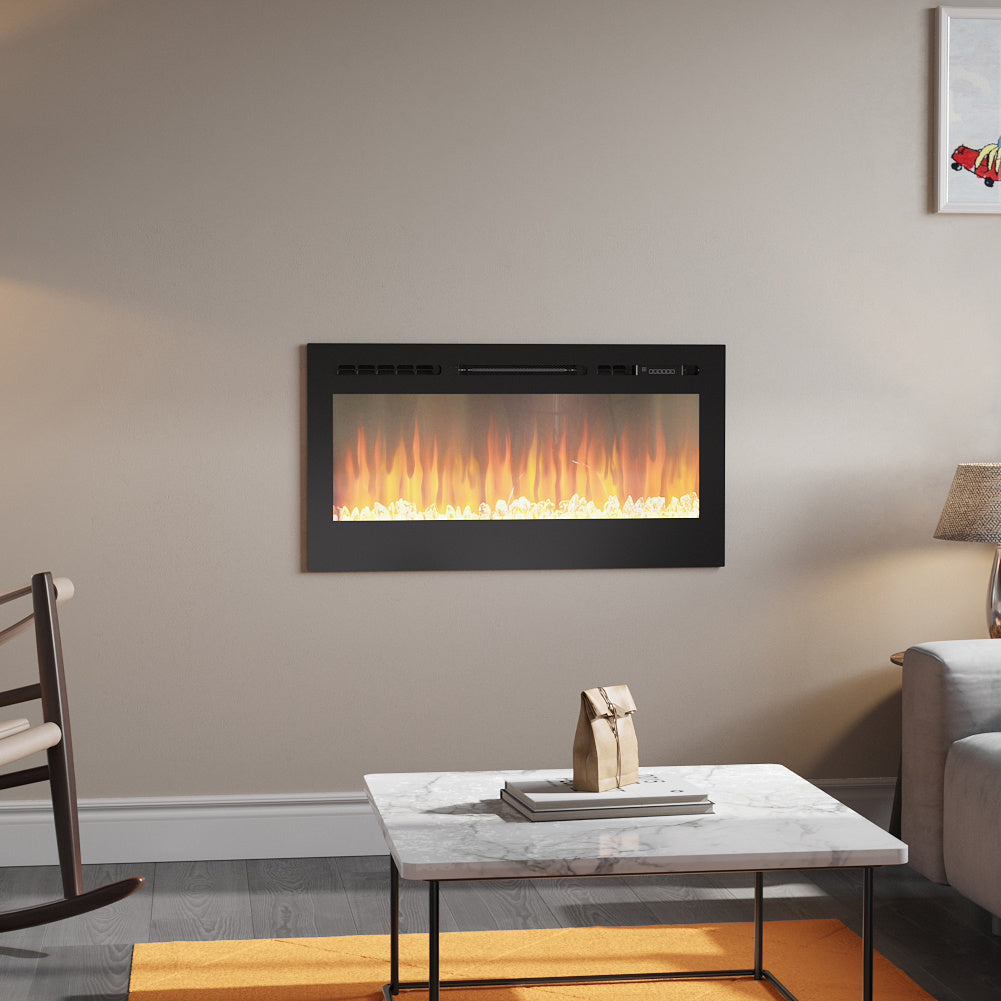 36/40/50/60inch Built-in Electric Fireplace with LED Display, Realistic Flame Effect with Logs and Crystal