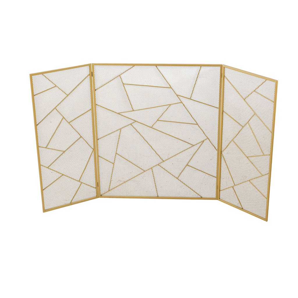 Triple-Fold Iron Fireplace Screen Gold Frame – 132x1x80cm