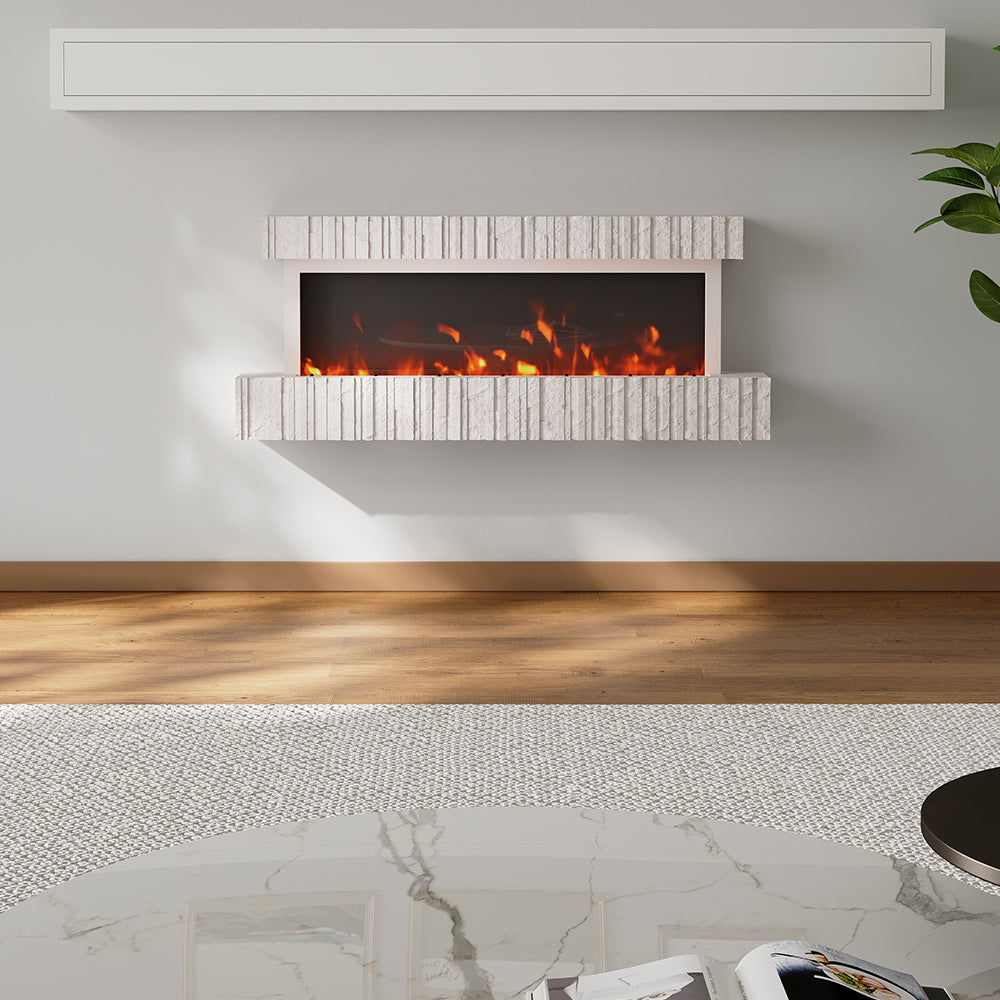 47/59 Inch Wall Mounted Electric Fireplace with Faux Stone Mantel, WiFi, Remote & LED Flames