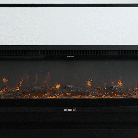 GIF showcasing the Smallbee best-seller media wall electric fireplace, with dynamic flame effects transitioning through multiple light colors, highlighting its customizable settings and sleek black frame.