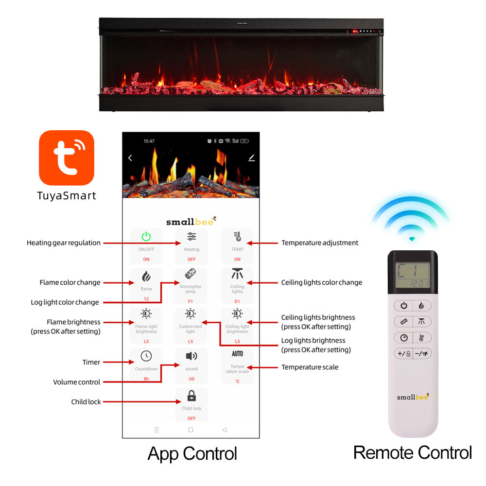 50/60/70/80inch 3-sided Electric Fireplace with Adjustable Color, Temperature and Timing, Controlled by APP
