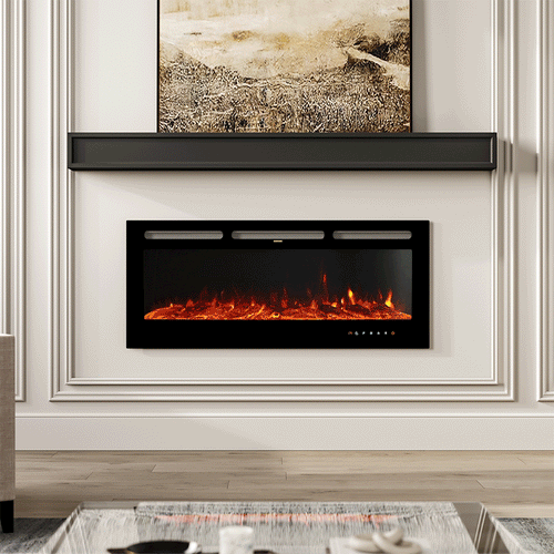 Glass-front electric fireplace with vibrant orange flames, featuring a sleek black frame and touch screen controls, mounted on a modern white wall beneath a decorative shelf and abstract artwork in a contemporary living room.