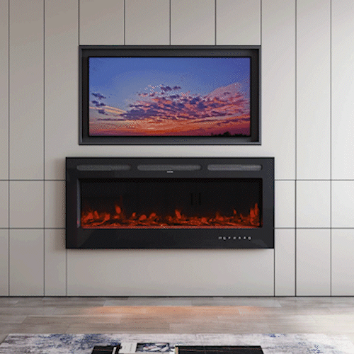 Glass-front electric fireplace with vibrant orange flames and touch screen controls, mounted on a sleek paneled wall beneath a TV displaying a colorful sunset, in a modern living space with contemporary flooring and decor.
