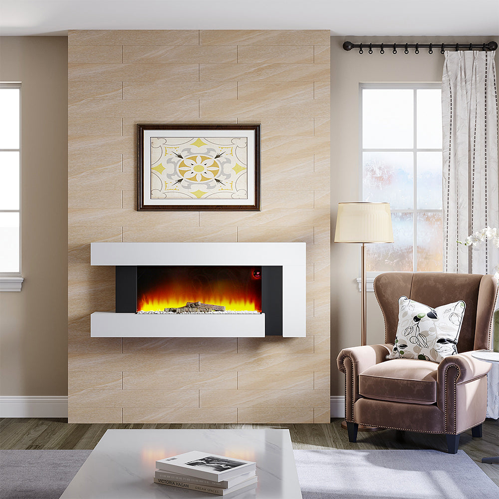 50-Inch LED Wall Mounted Electric Fire with White Wooden Frame