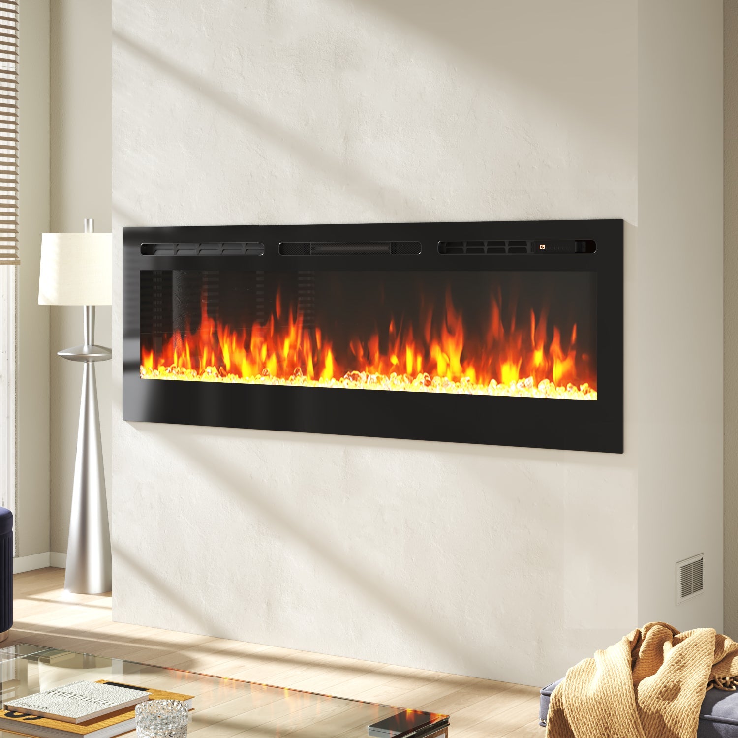 36/40/50/60inch Built-in Electric Fireplace with LED Display, Realistic Flame Effect with Logs and Crystal