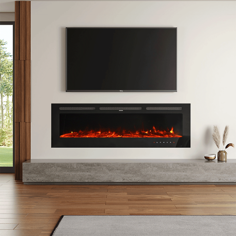 Large glass-front electric fireplace with vibrant orange flames, featuring a sleek black frame and touch screen controls, mounted on a modern white wall beneath a TV, complemented by a concrete base and minimalist décor in a contemporary living room.