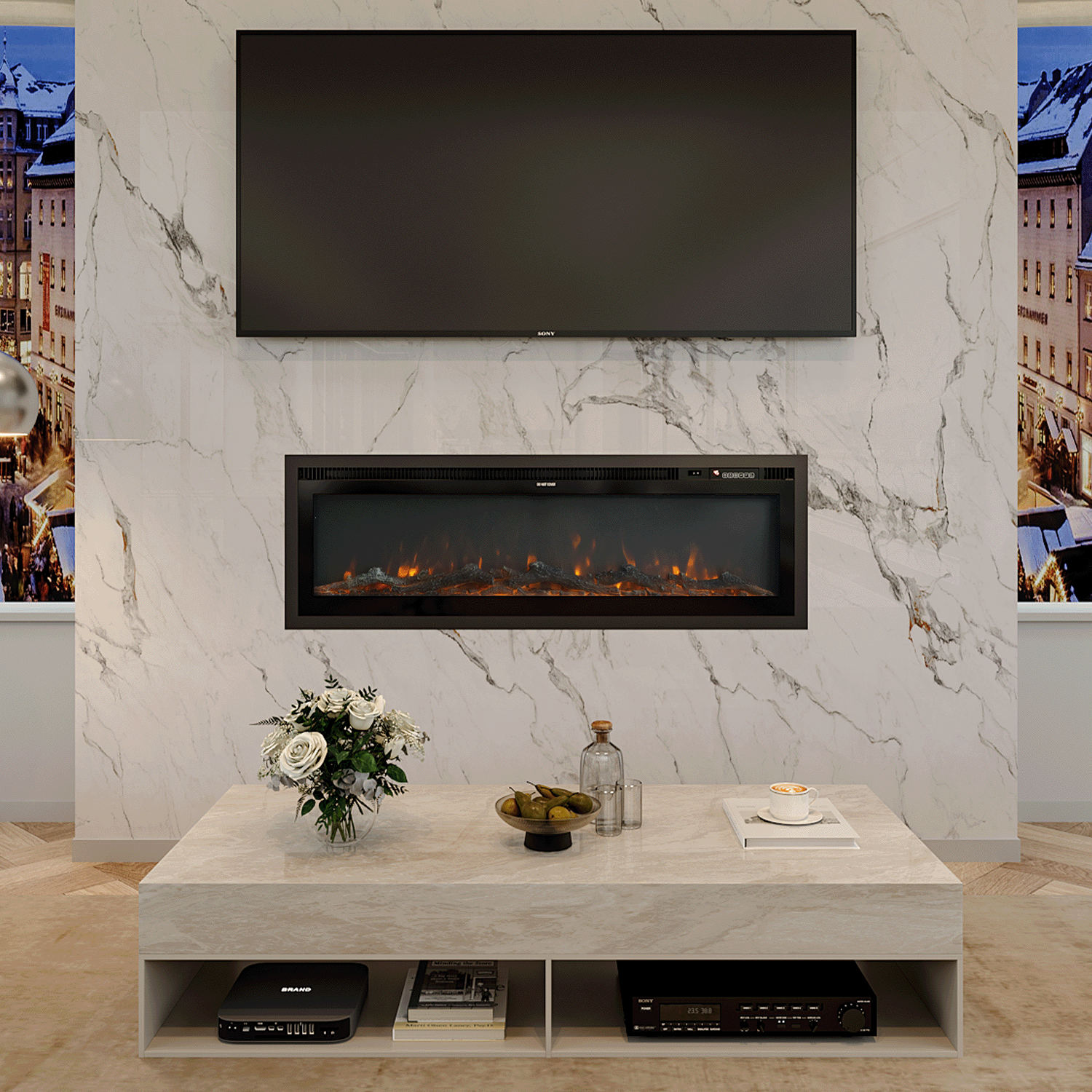 Recessed 40 inch electric fireplace with realistic orange flames, elegantly built into a marble media wall beneath a mounted TV, complemented by a modern marble coffee table and cozy living room decor.