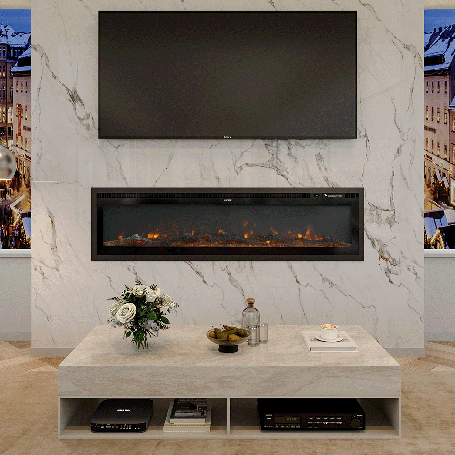 Recessed 50inch electric fireplace with realistic orange flames, elegantly built into a marble media wall beneath a mounted TV, complemented by a modern marble coffee table and cozy living room decor.