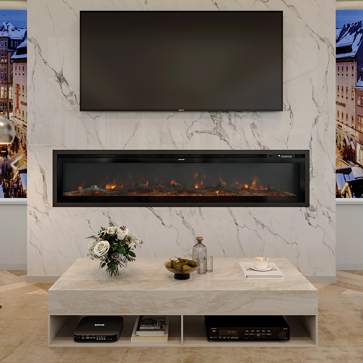 Recessed electric fireplace with realistic orange flames, elegantly built into a marble media wall beneath a mounted TV, complemented by a modern marble coffee table and cozy living room decor.