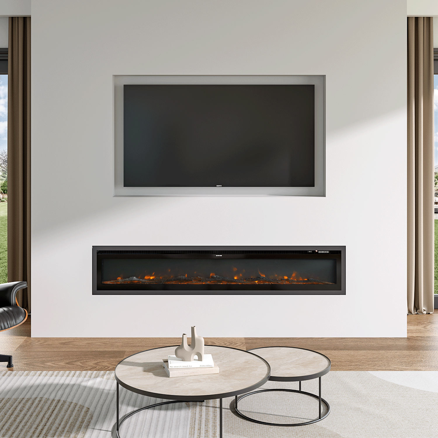 Recessed electric fireplace with glowing orange flames, seamlessly integrated into a minimalist white wall below a built-in TV, paired with a modern round coffee table and natural light from large windows.