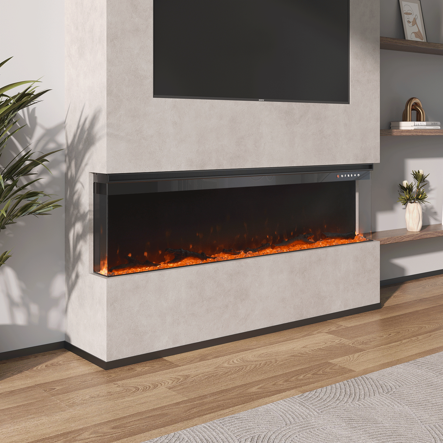 Modern 3-sided electric fireplace with vibrant orange flames, featuring crystal stones and faux wood logs, built into a sleek media wall beneath a mounted TV, complemented by natural wood flooring and minimalist shelving.