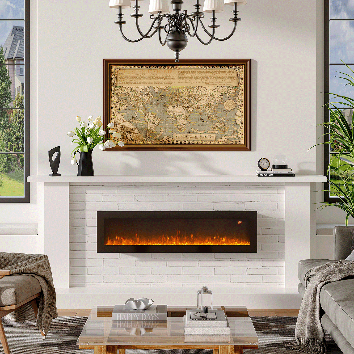 40"/50"/60" LED Flame Wall-Mounted Electric Fireplace with Remote