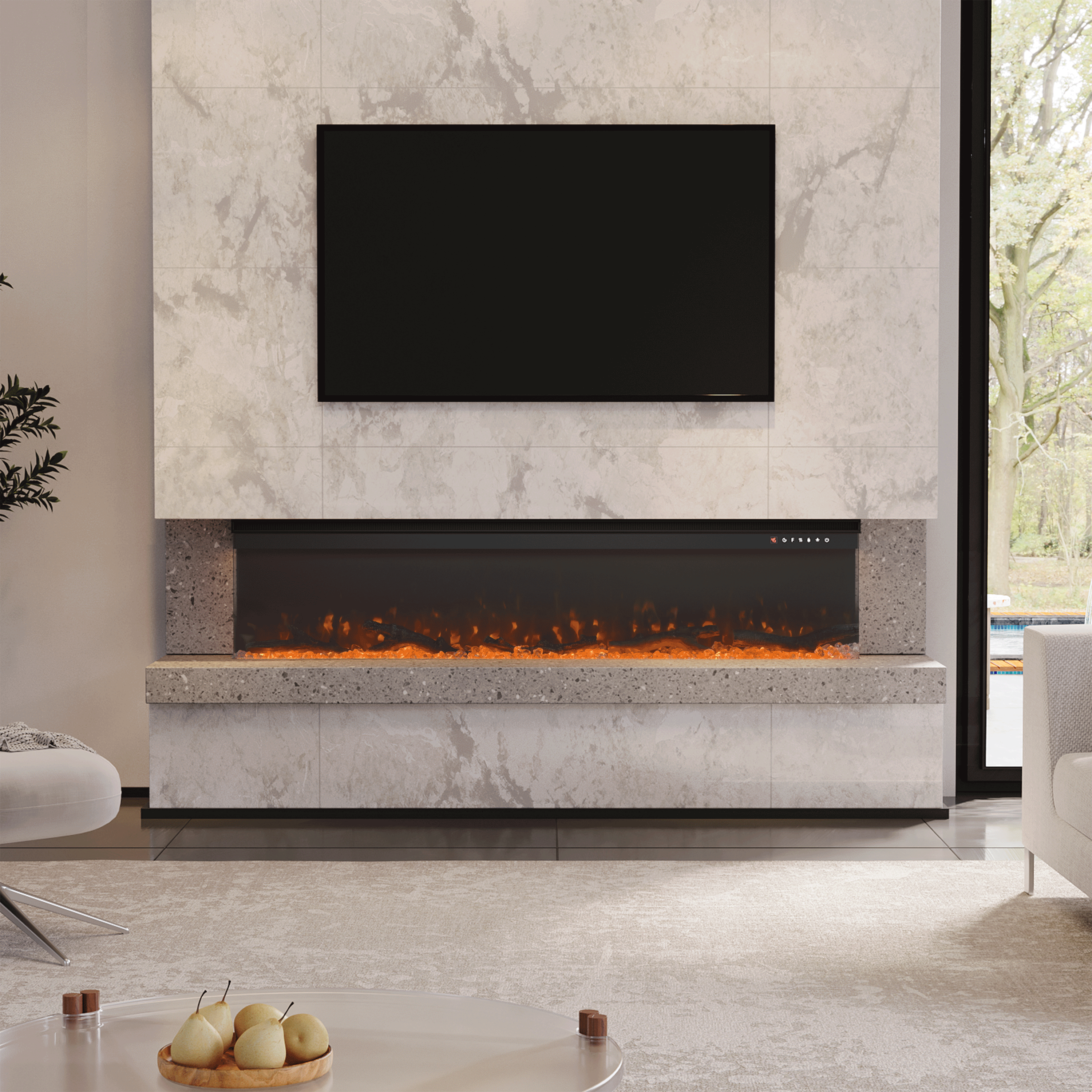 Panoramic 2/3-Sided Electric Fire Insert with Crystal Stones