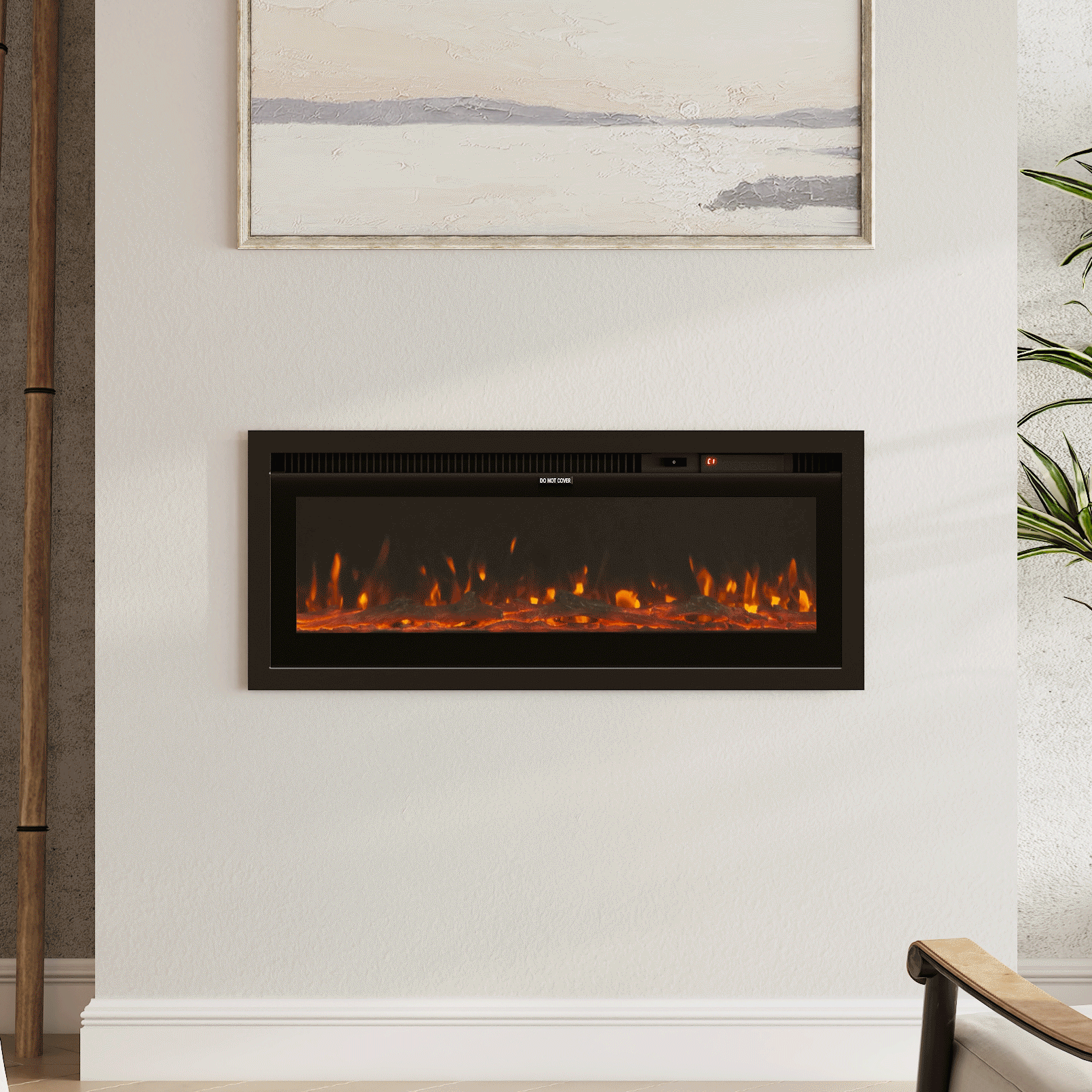 Inserted electric fireplace with realistic orange flames, seamlessly integrated into a modern living room wall with neutral décor and natural accents.