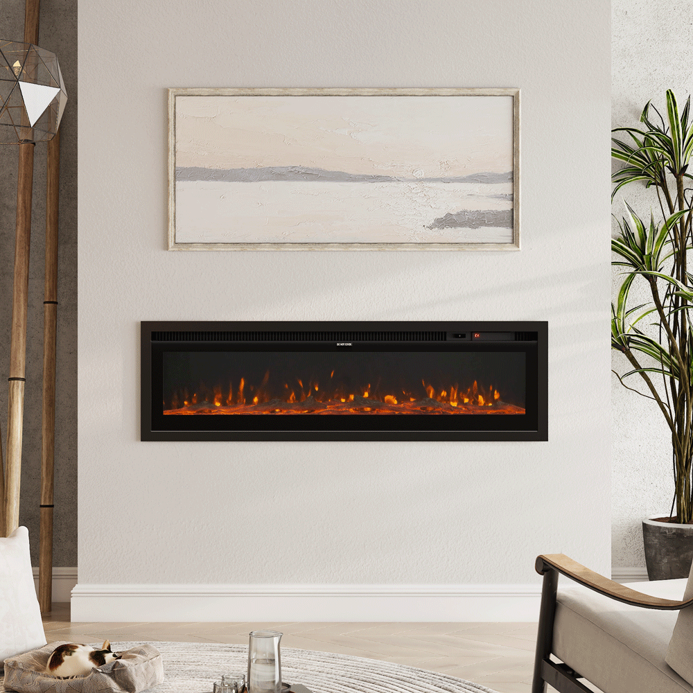 Inserted 60inch electric fireplace with realistic orange flames, seamlessly integrated into a modern living room wall with neutral décor and natural accents.
