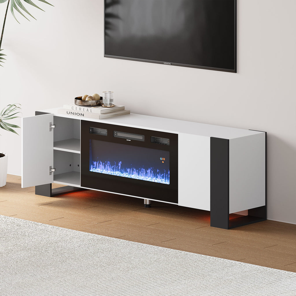 70inch W Wooden TV stand with Electric Fireplace and Storage