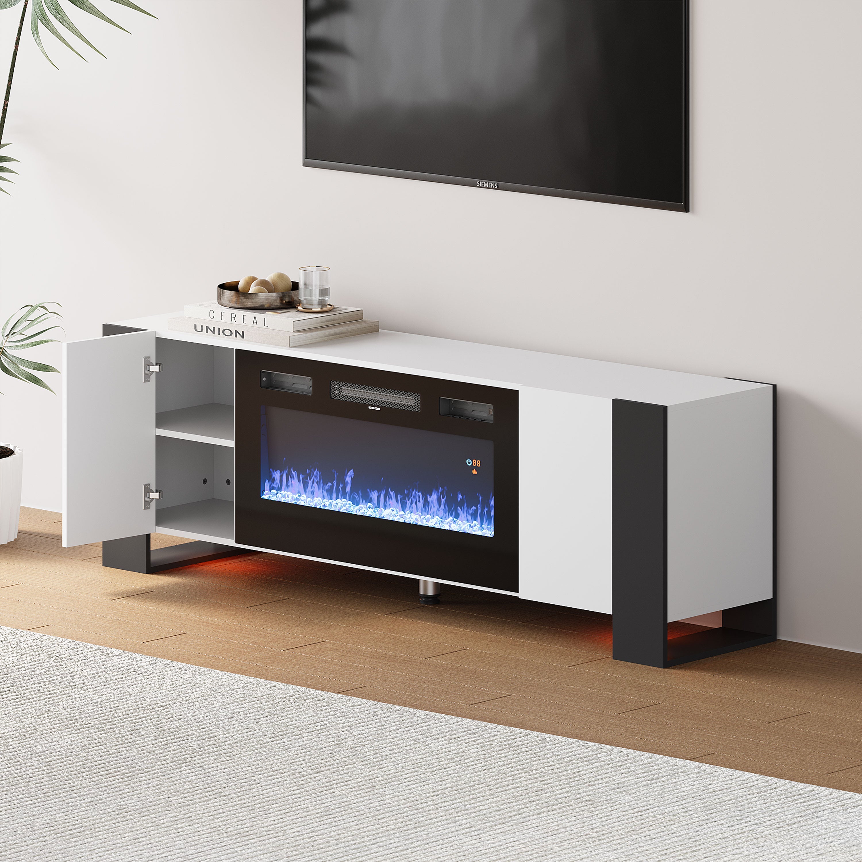70inch W Wooden TV stand with Electric Fireplace and Storage