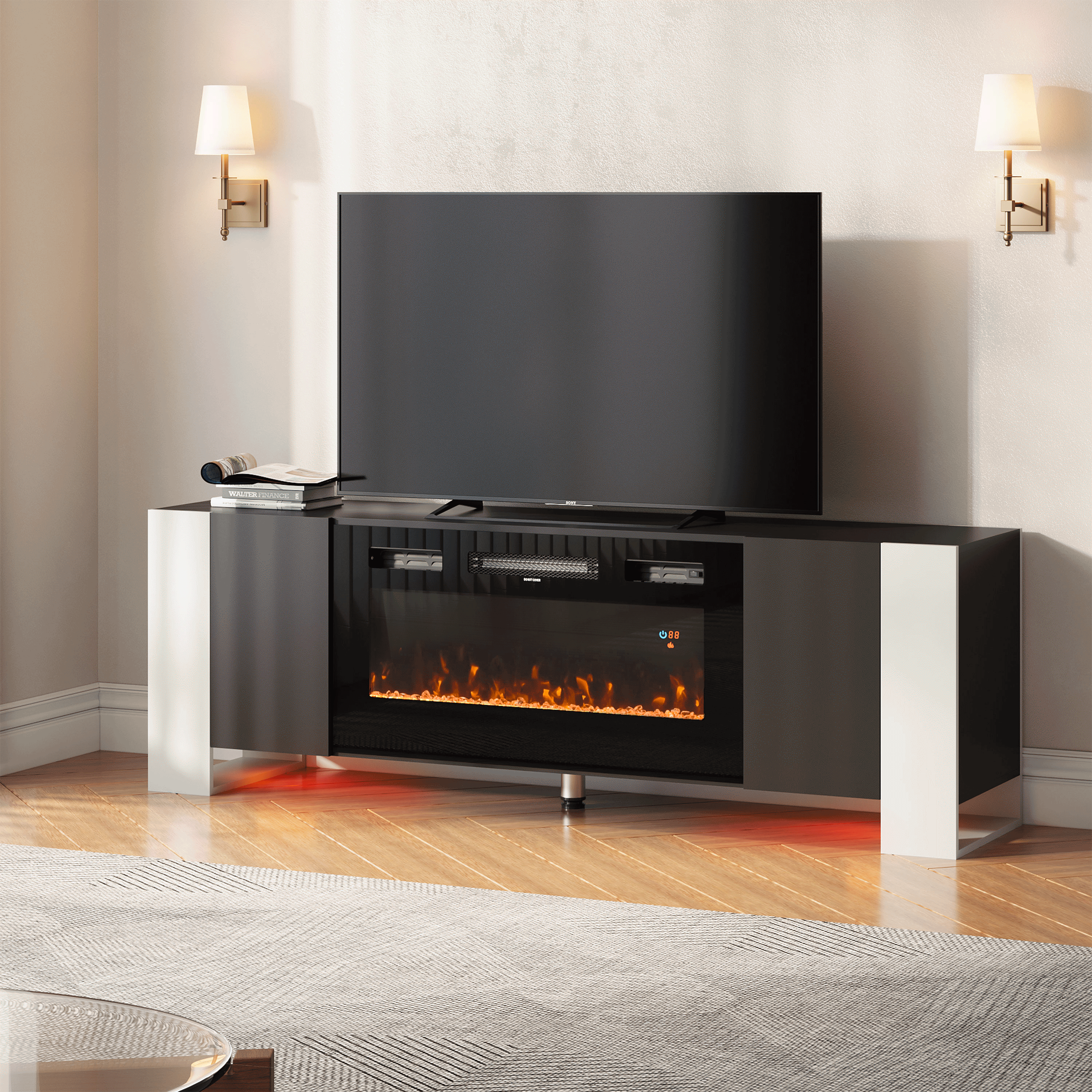 70inch W Wooden TV stand with Electric Fireplace and Storage