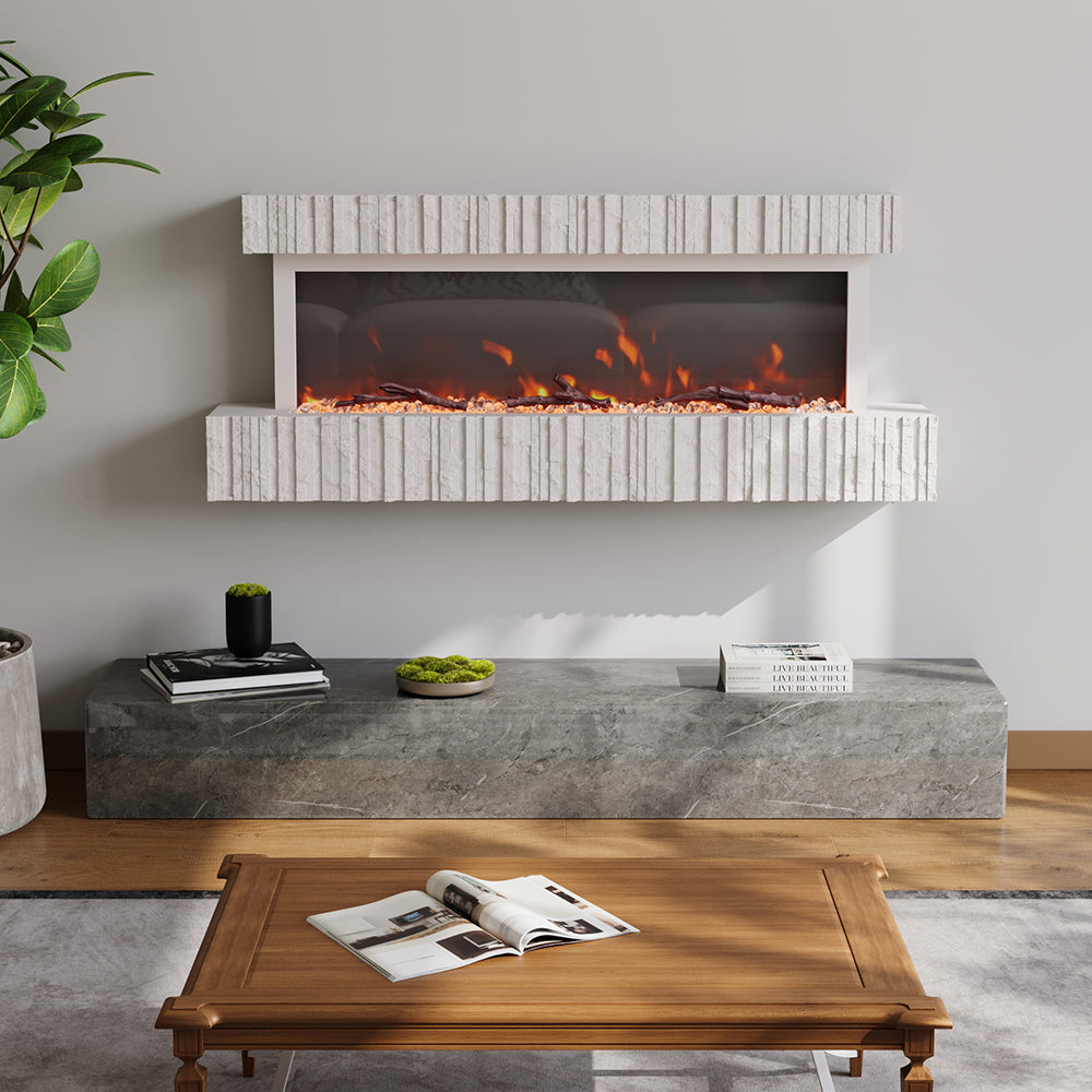 47/59 Inch Wall Mounted Electric Fireplace with Faux Stone Mantel, WiFi, Remote & LED Flames